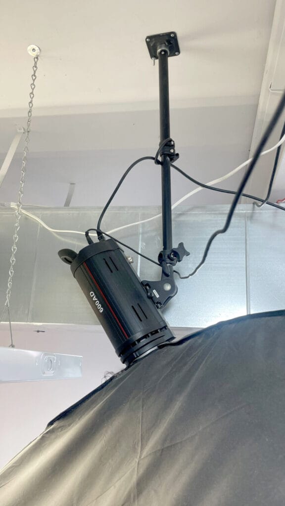 Photography Strobe Ceiling setup. How to fasten a strobe to a ceiling