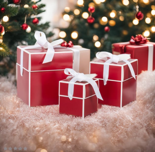 Fake AI product photo of a gift box lifestyle pic under a Christmas tree
