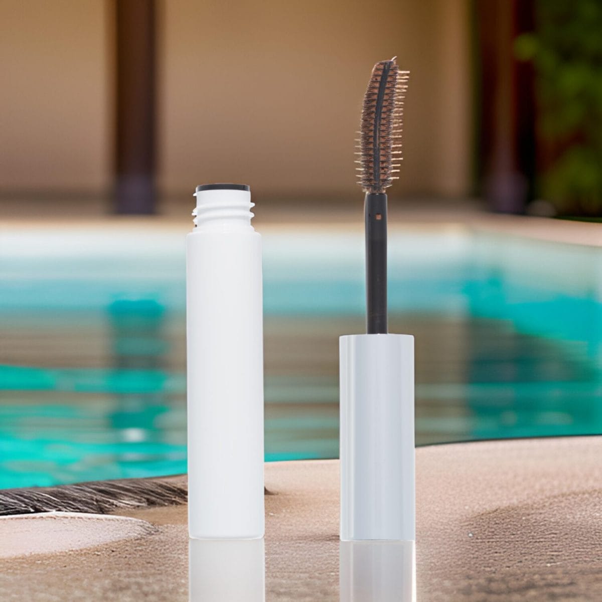 AI Eyelash Cosmetic Lifestyle Product Photography on a table at a resort spa pool