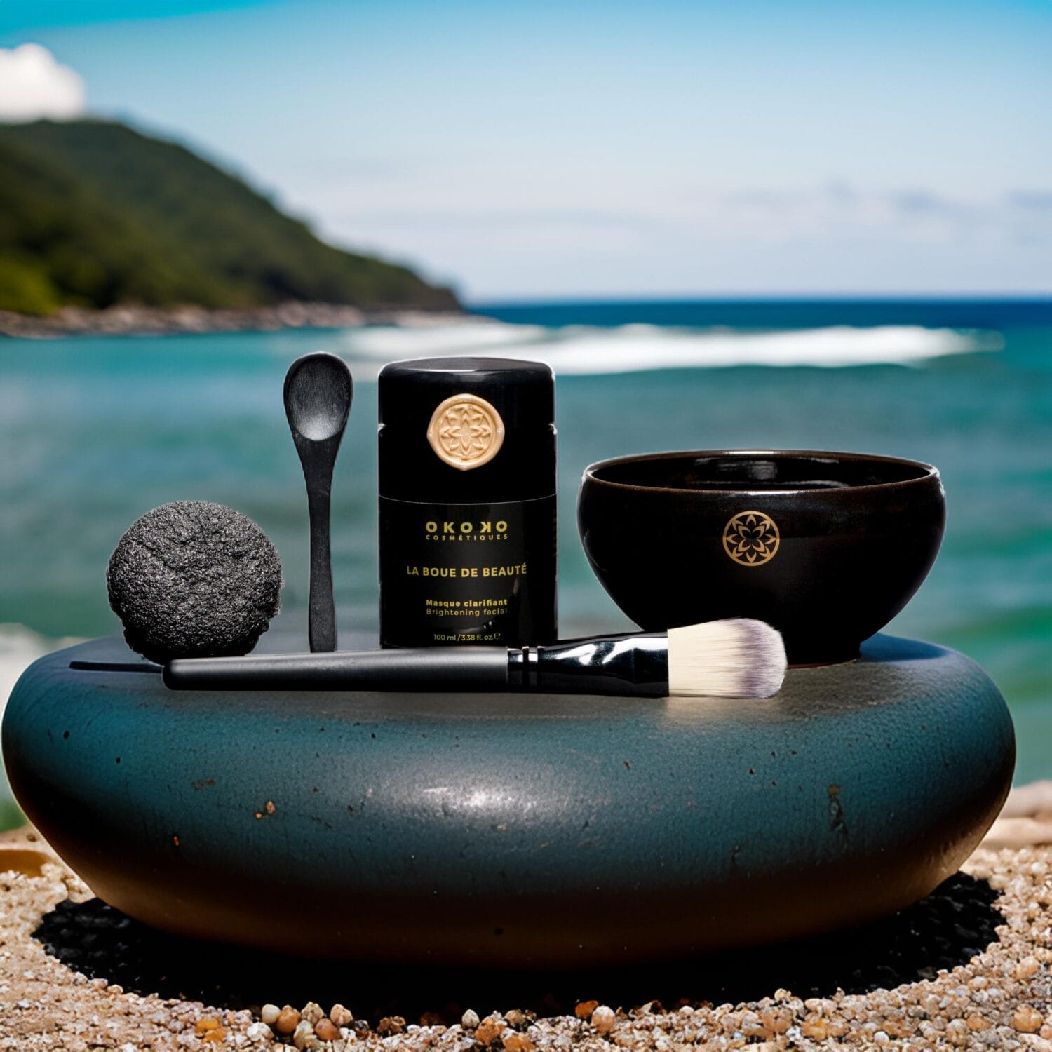 Jules Design utilized a skin care cosmetic kit alongside Photoshop, CGI, and AI tools to create this lifestyle image by the ocean