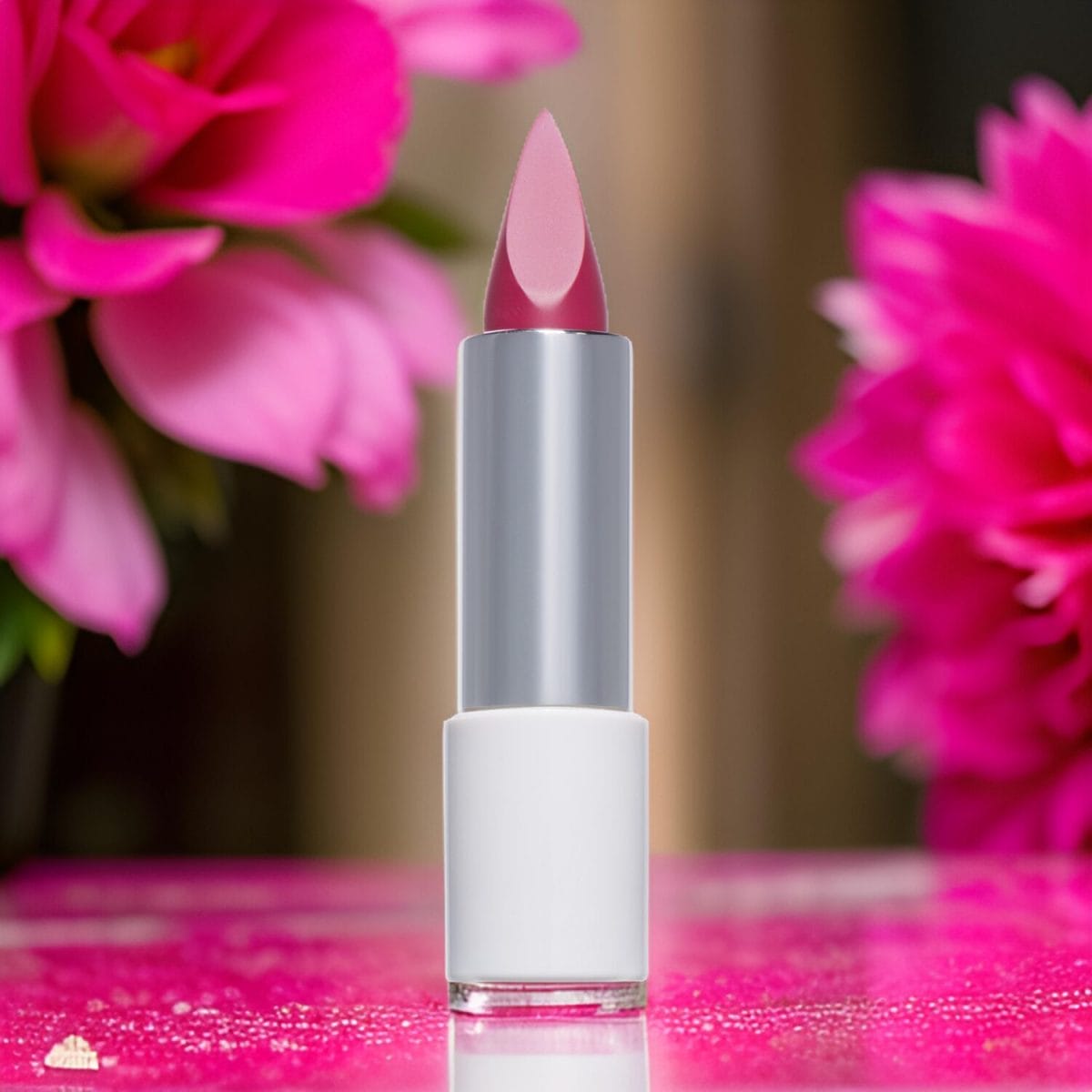 CGI-enhanced lifestyle lipstick edited with Photoshop for a cosmetic marketing image on pink with flowers