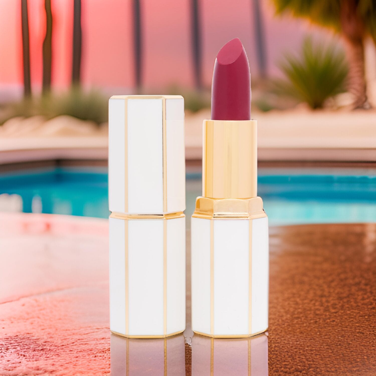 CGI-enhanced lifestyle image showcasing a dessert-themed spa pool, edited with Photoshop for cosmetic product promotion.