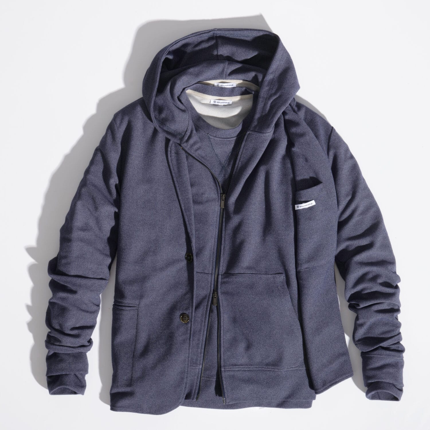 Circular Knit-Navy Flat Lay Jacket stuffed with hard shadow not clipped