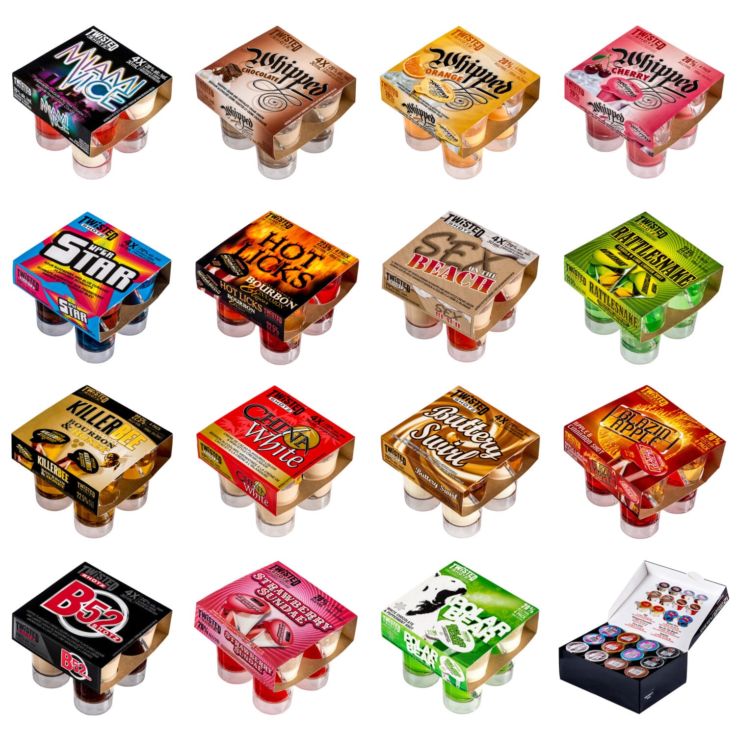 Shotz Twisted Shotz 4-pack shooter variety – boxed premixed cocktails for retail liquor sales and LCBO marketing