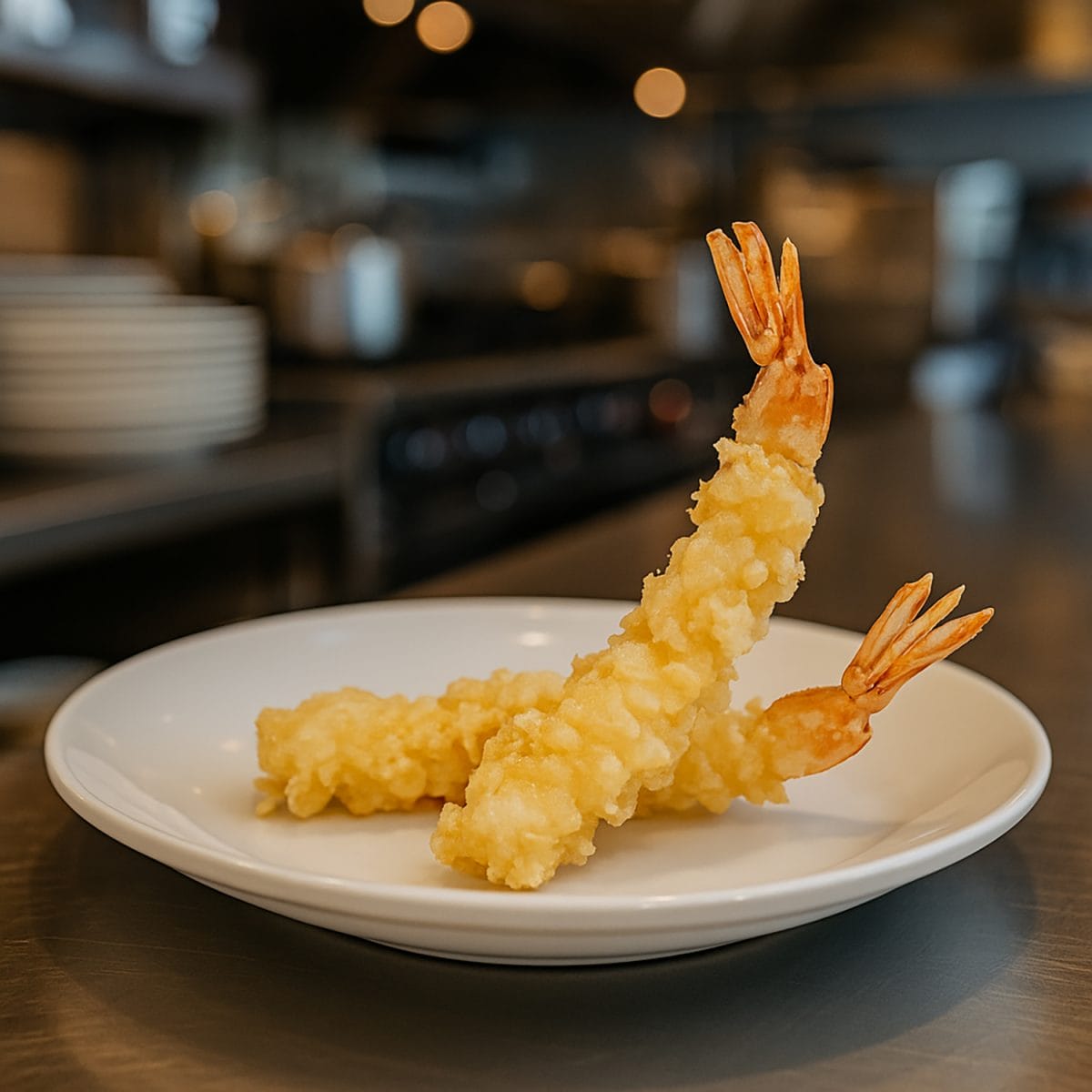 Realistic AI-created plated tempura shrimp dish, highlighting an appealing, fully prepared, and edible product for promotional purposes.