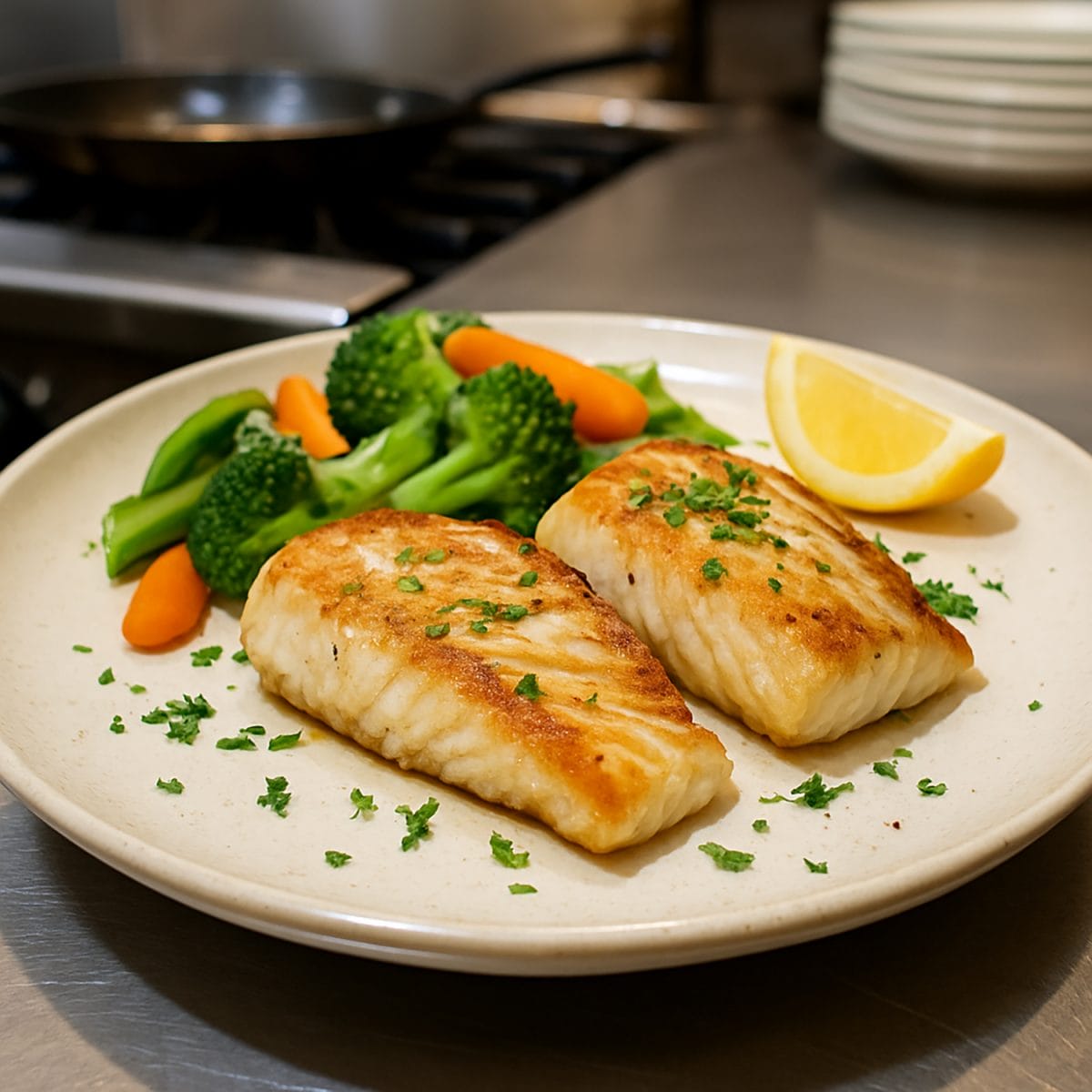 Toronto GS1 foodservice image of a cooked cod tail prepared from raw product photography.