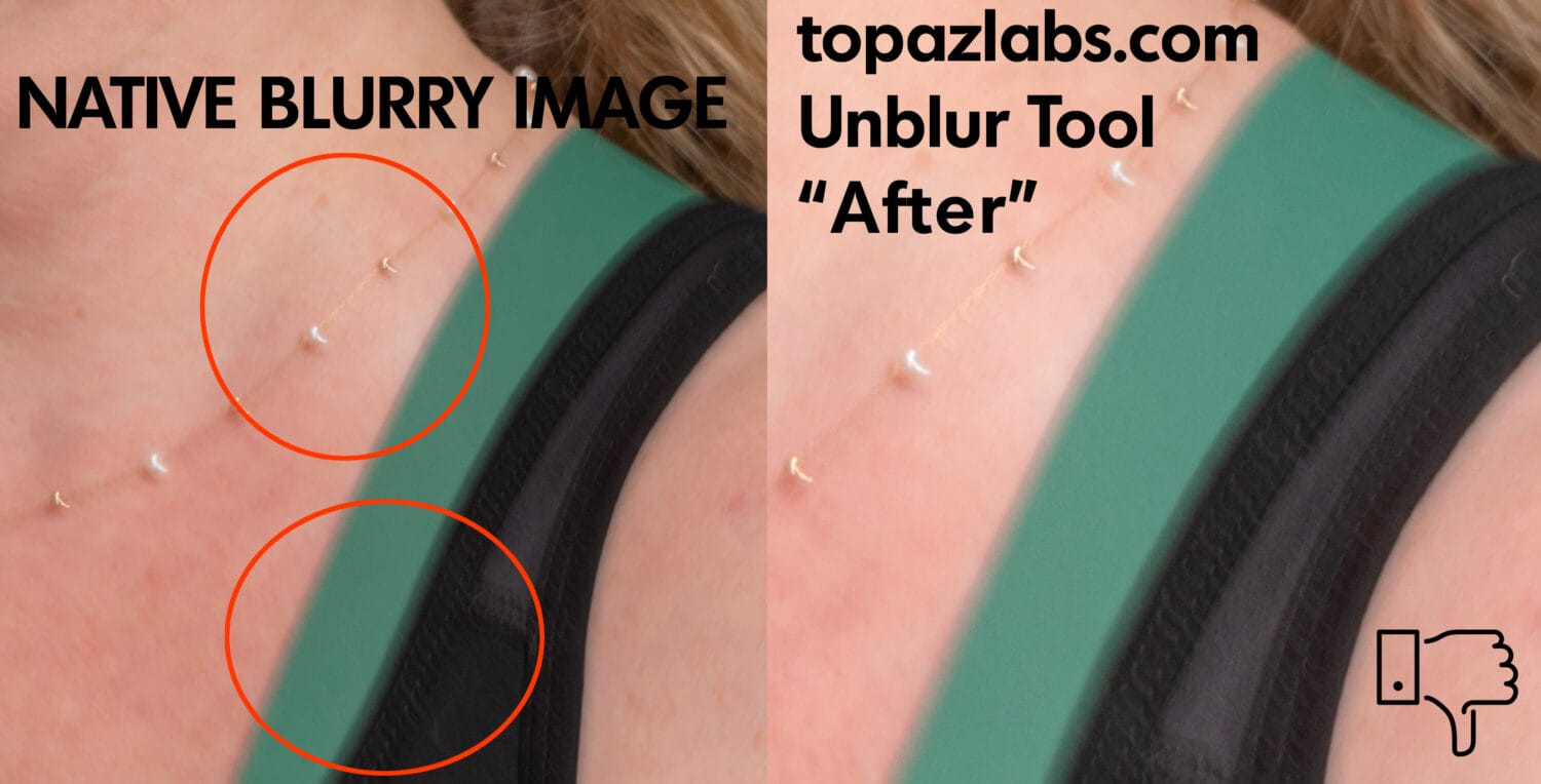 Photography AI unblur tool comparison - Topaz Labs before and after - product photo necklace and fabric detail