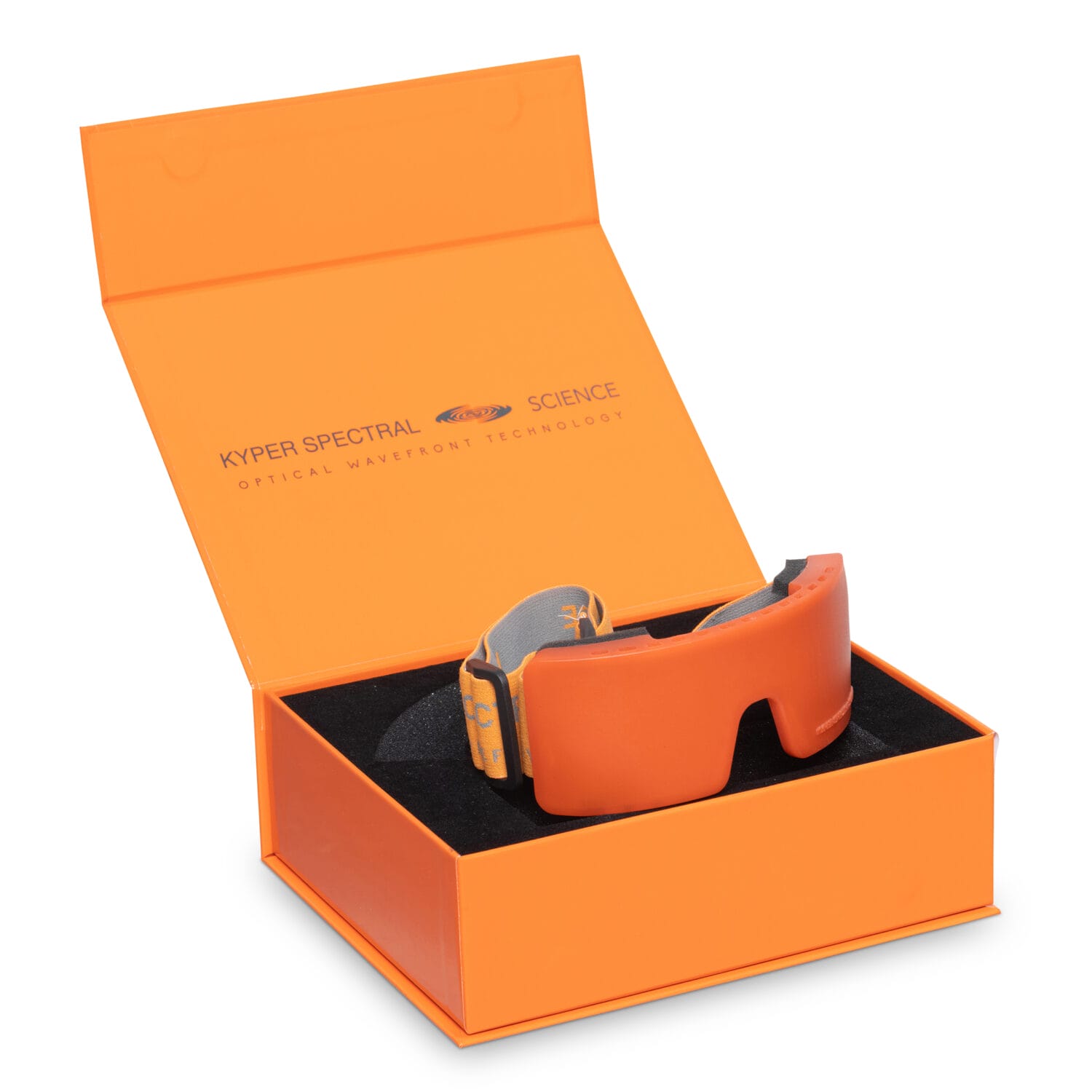 Open packaging display of red light therapy goggles inside custom orange box — professional Amazon product photo by Jules Design, Toronto studio for premium e-commerce branding.