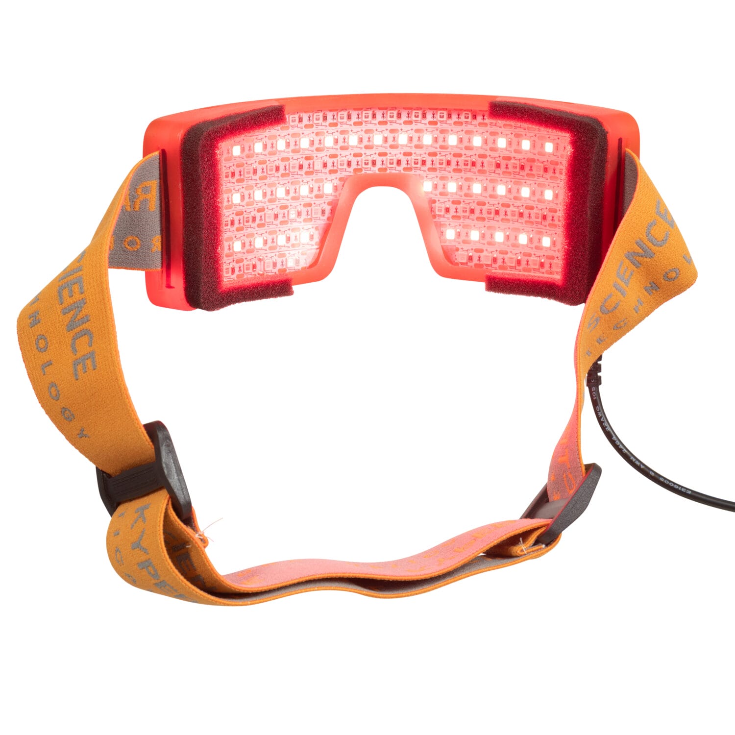 Back view of illuminated red light therapy goggles showcasing active LED lights — professional product photo by Jules Design, highlighting Toronto-based studio capabilities for Amazon and e-commerce photography.