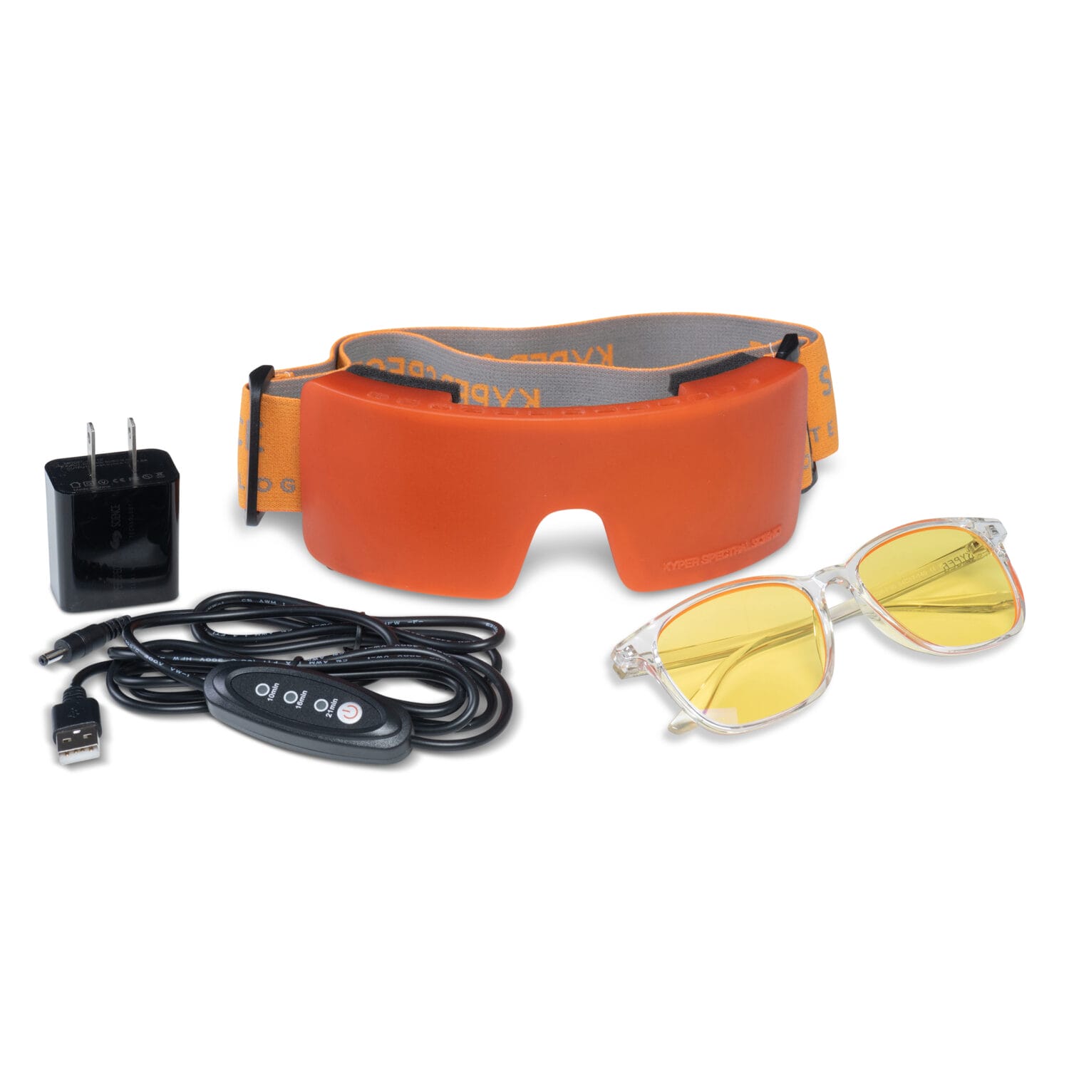Premium “What’s in the box” layout featuring red light therapy goggles and accessories — clean, branded product photography by Jules Design, Toronto studio for Amazon and e-commerce visuals.
