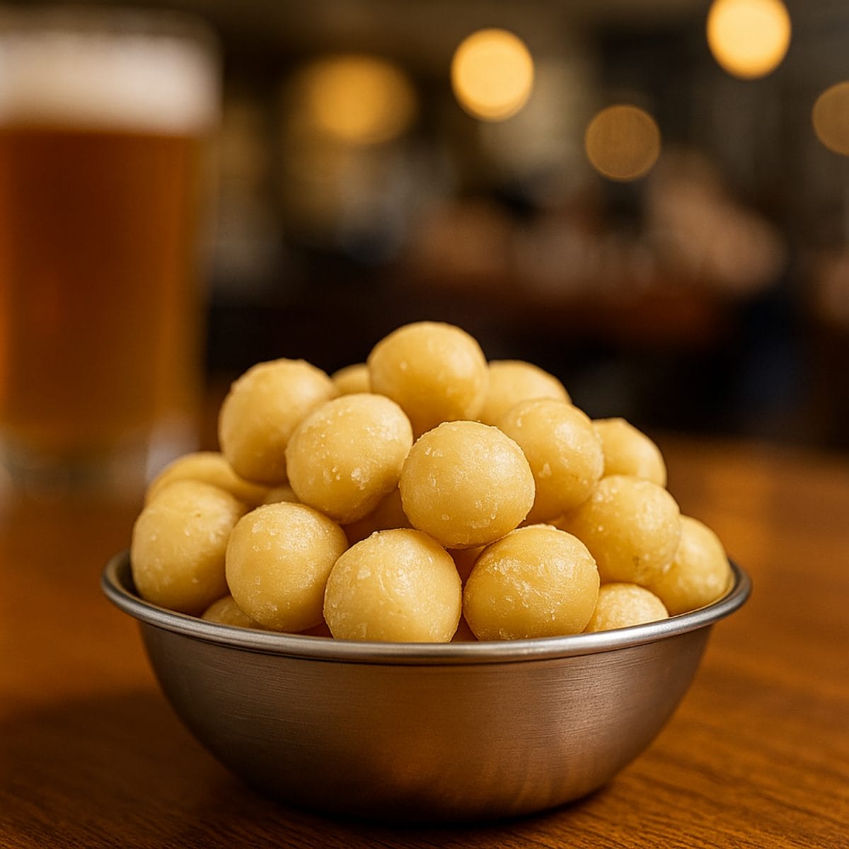 AI-generated lifestyle foodservice photo of macadamia nuts in a stainless steel bowl with a beer glass in the background — GS1 food marketing image, Toront
