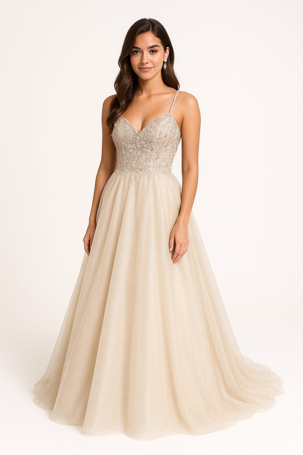Toronto prom gown photographer – elegant teen girl in glittery champagne dress in studio