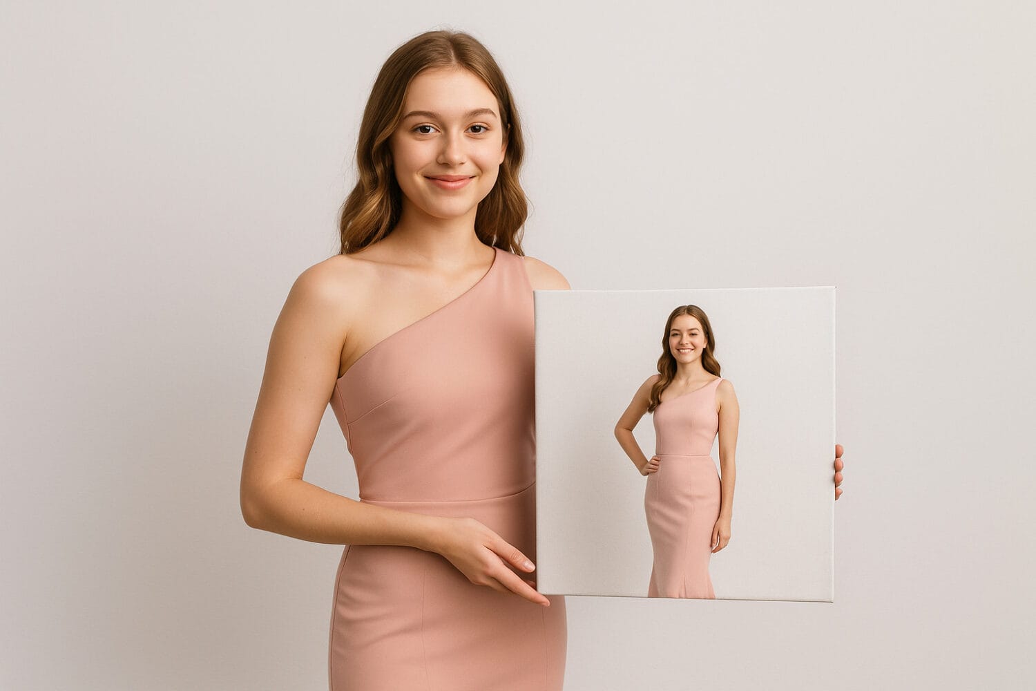 toronto-prom-photography-canvas-print Toronto prom and bridesmaid photography – teen girl in elegant gown holding her printed 8x10 canvas portrait in a white studio