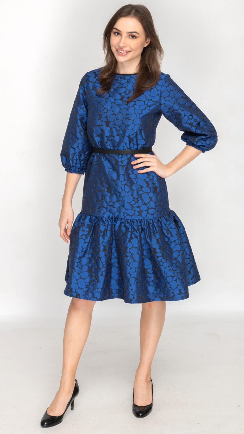 Royal blue puff-sleeve dress on model – boutique Toronto fashion shoot by Jules Design