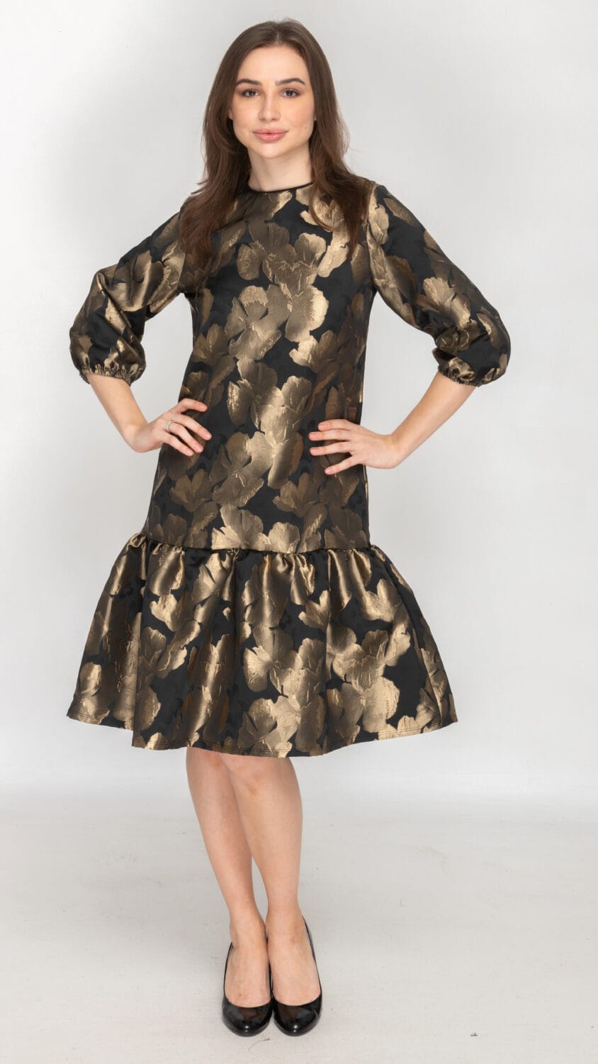 Gold floral print dress photographed in Toronto studio for fashion catalogue by Jules Design