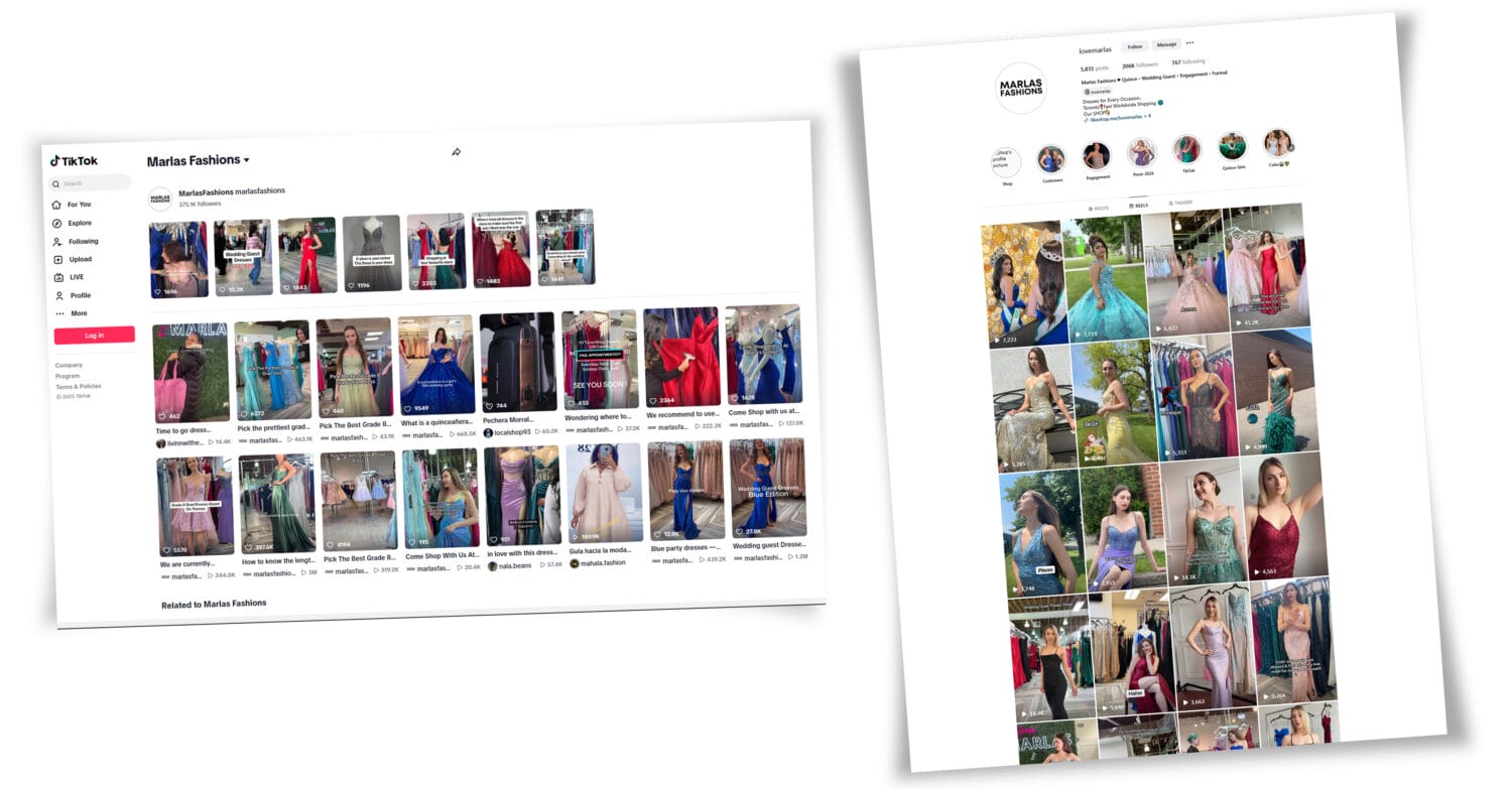 Screenshot collage of Marlas Fashion’s TikTok and Instagram profiles showcasing prom and formal dress content, with over 375K followers and millions of views.