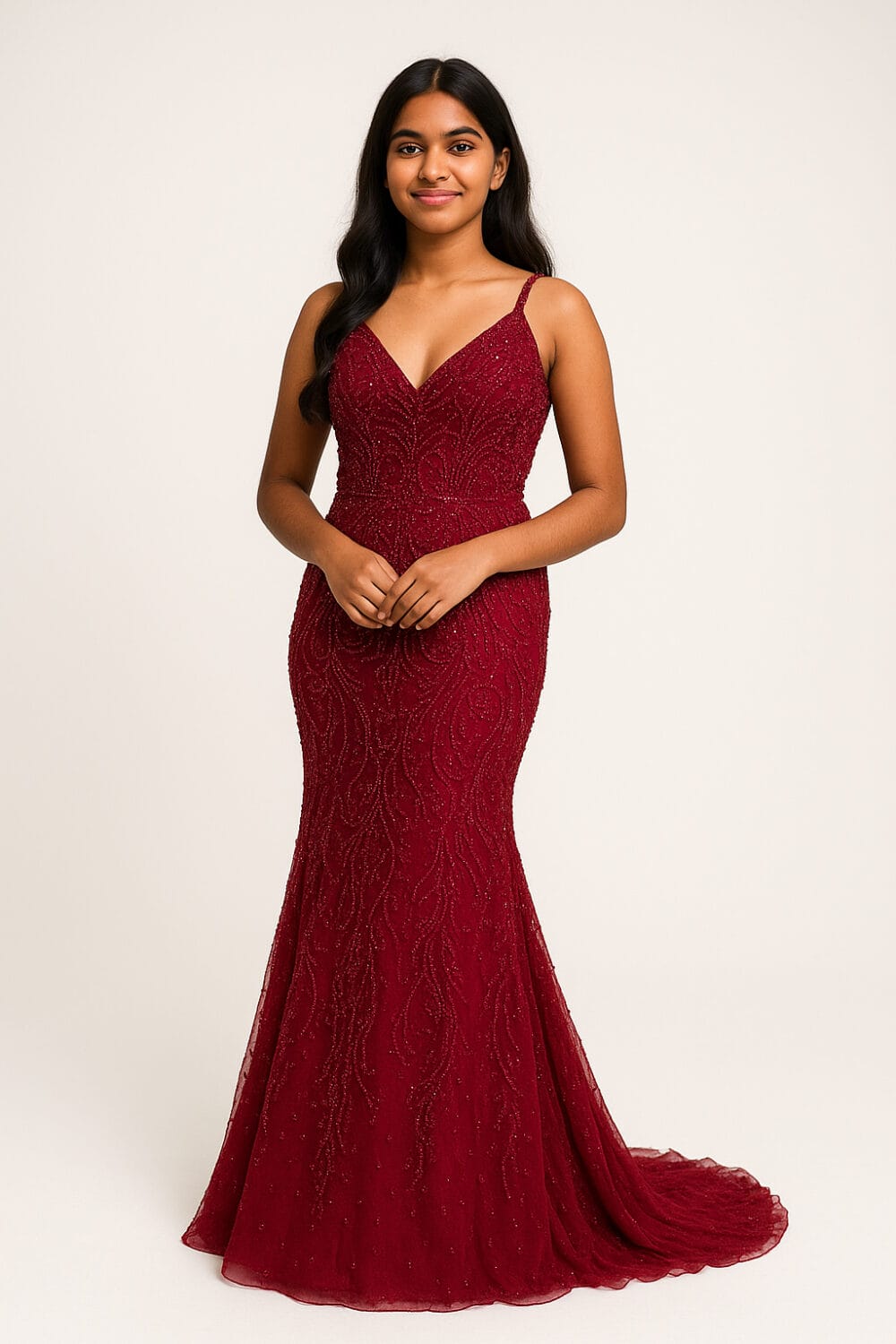 Young Indian woman wearing a deep red beaded prom dress in a Toronto photo studio, full-body glamour portrait on white infinity wall background shot with Nikon D850