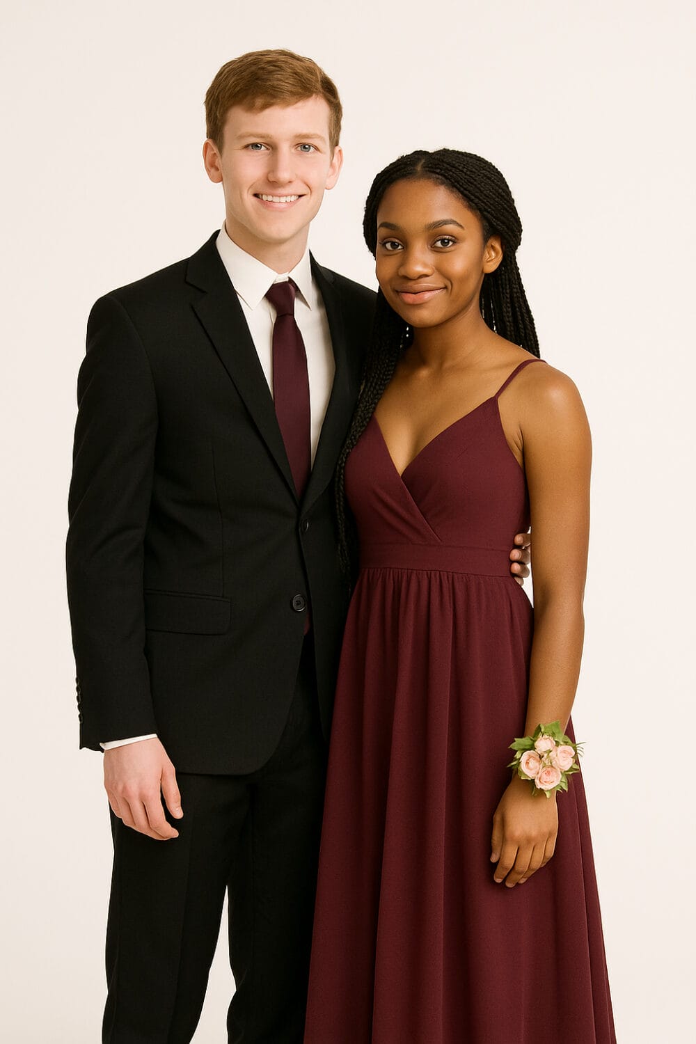 Toronto bridesmaid fashion photo of woman in mauve gown on white studio backdrop