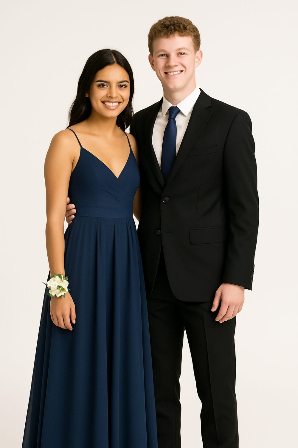 Smiling prom couple in navy gown and black suit, photographed in Toronto studio