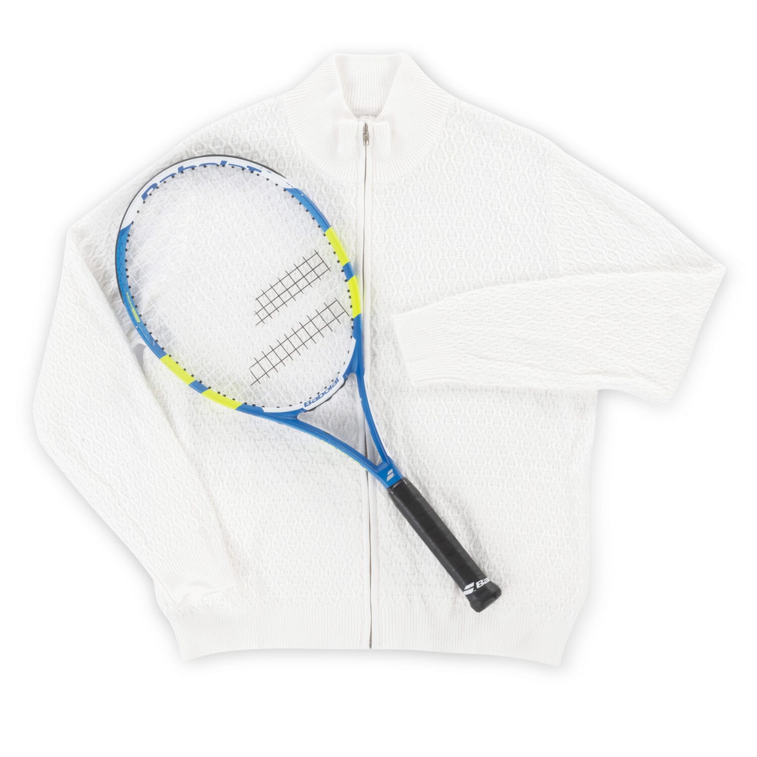 White knit tennis zip-up sweater flatlay with racquet — Toronto flatlay clothing photography for lookbooks, sell sheets, and lifestyle branding