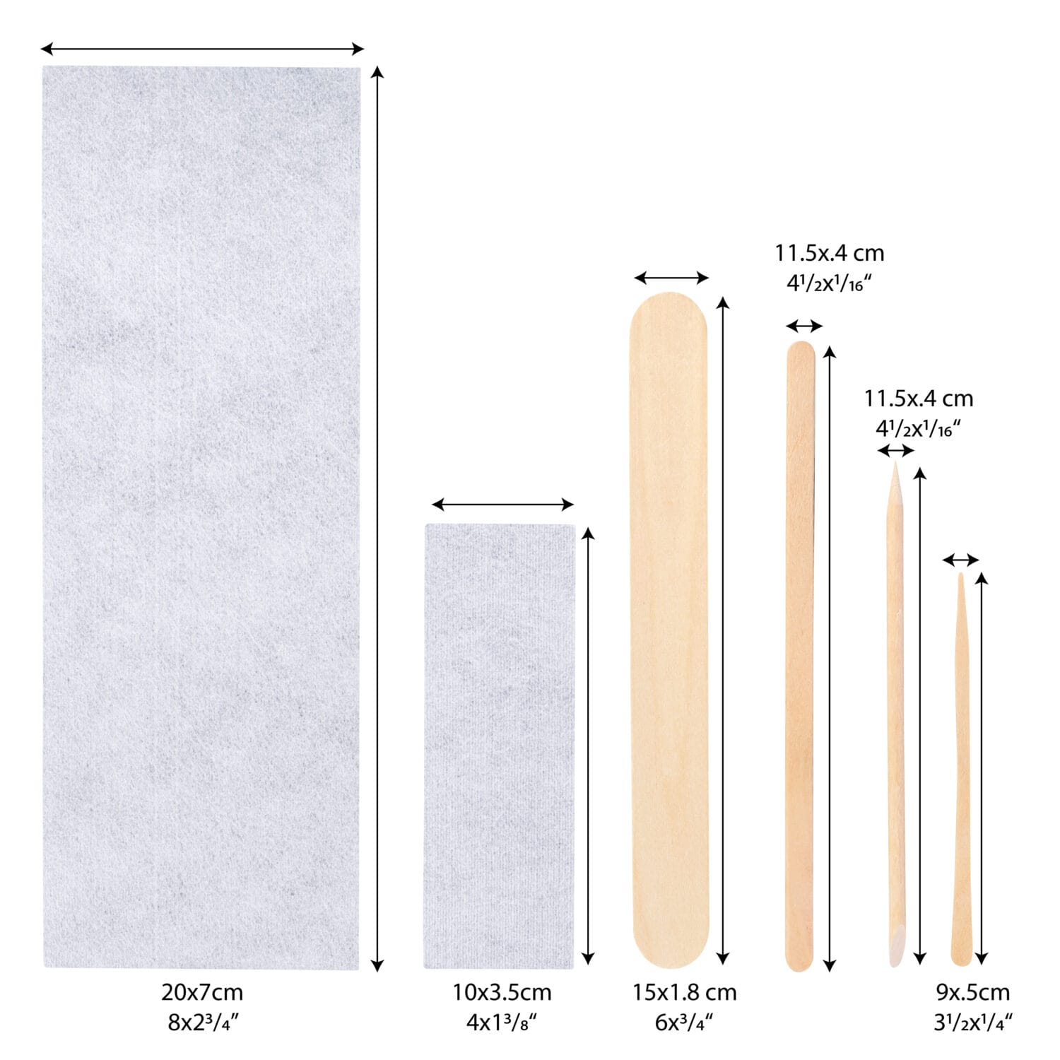 Studio photo of 6-piece medical applicator and pad kit with size references – includes wax strips, wooden spatulas, and pointed applicators, professionally photographed for clinical supply catalogues and e-commerce listings in Toronto