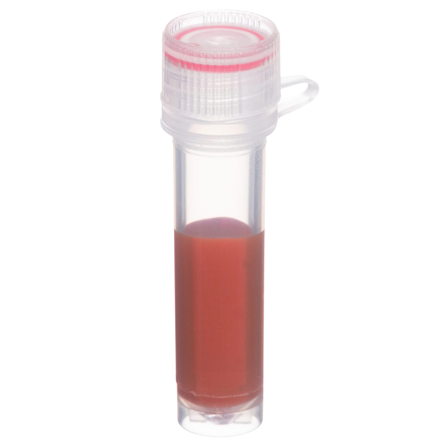 Sterile clear microtube with red medical reagent – high-resolution laboratory supply product photography for Toronto-based diagnostics and biotech companies