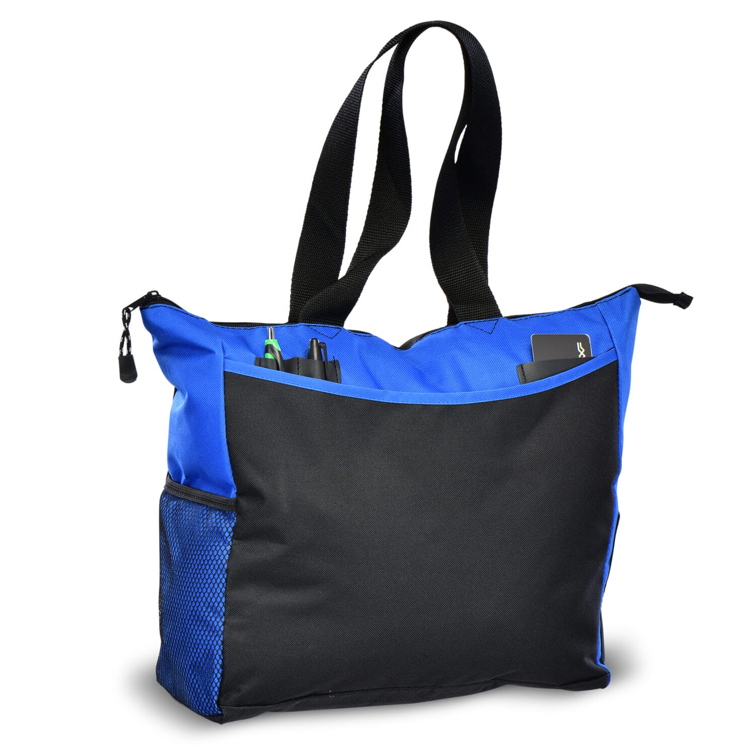 Black and blue promotional tote bag with pockets, pens, and USB drive – Toronto product photography for branded corporate merchandise and medical trade show giveaways