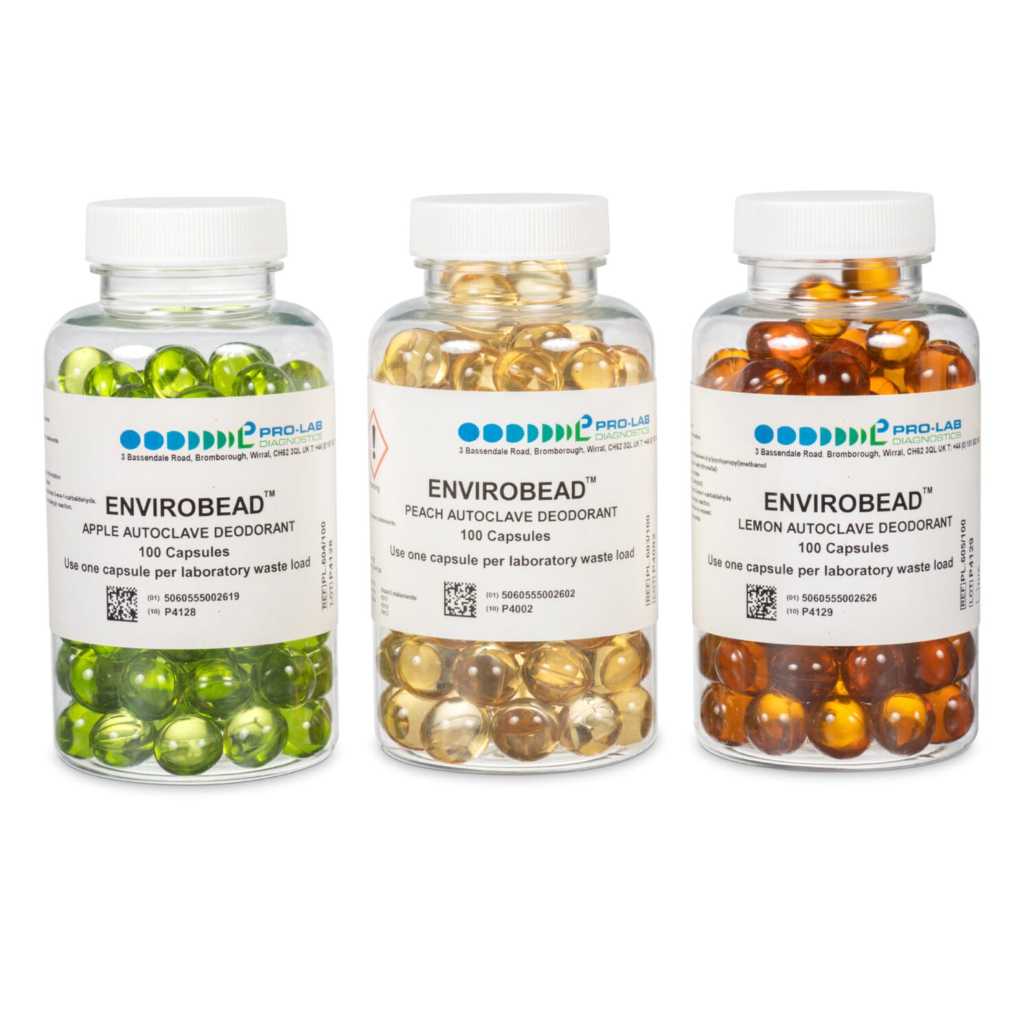 Three bottles of Envirobead autoclave deodorant capsules in apple, peach, and lemon scents – medical lab deodorizer product photography Toronto for eCommerce and packaging design