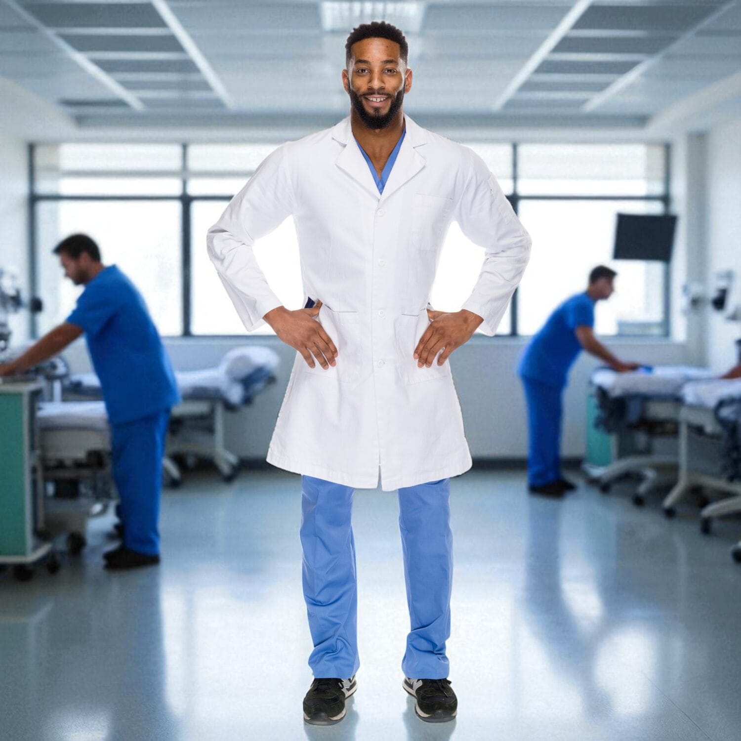 Male doctor in white lab coat in exam room setting – medical marketing photo services Toronto