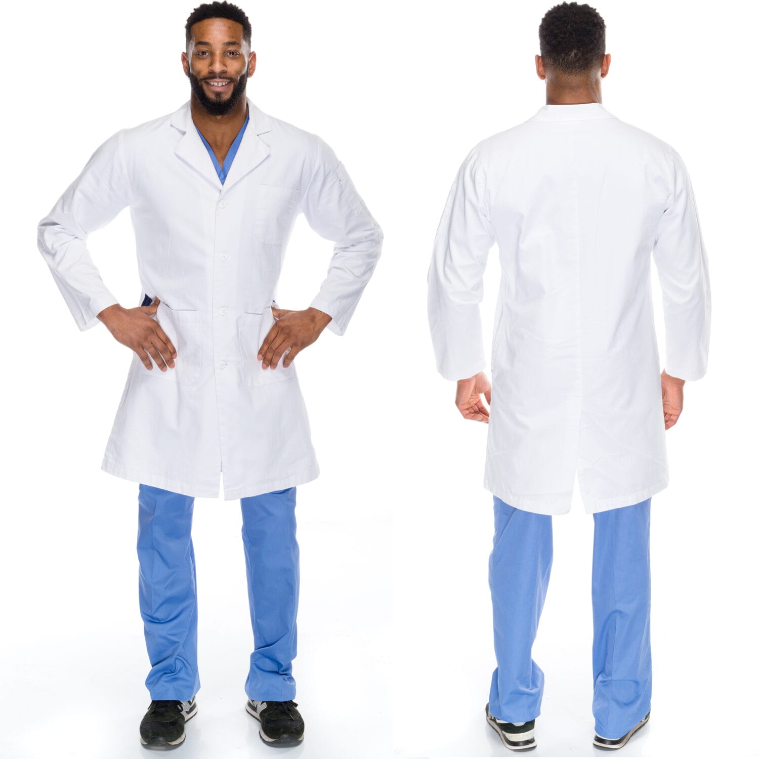 Front and angled pose of male model in light blue lab coat – Toronto-based medical apparel photoshoot
