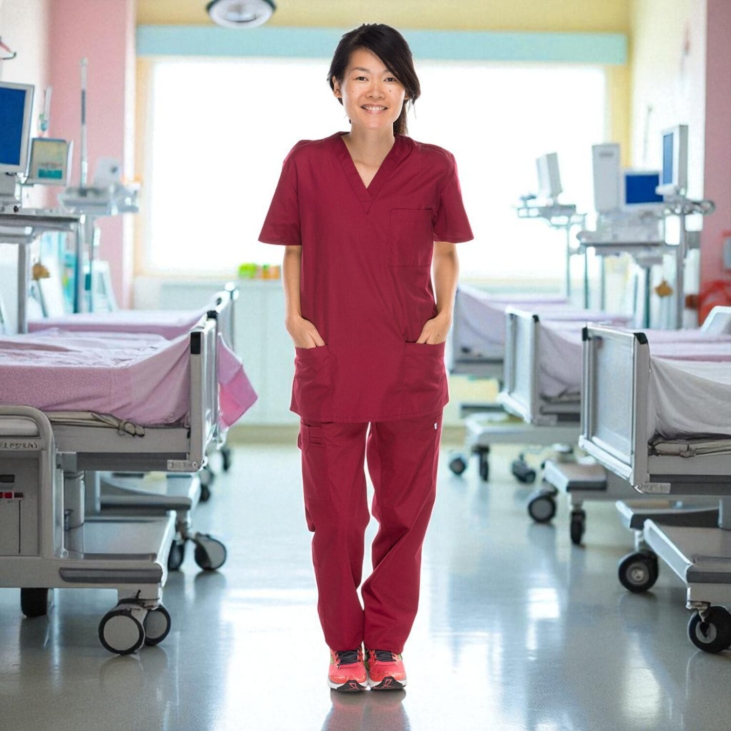 Female model in burgundy scrubs in pediatric hospital ward – healthcare uniform photography GTA