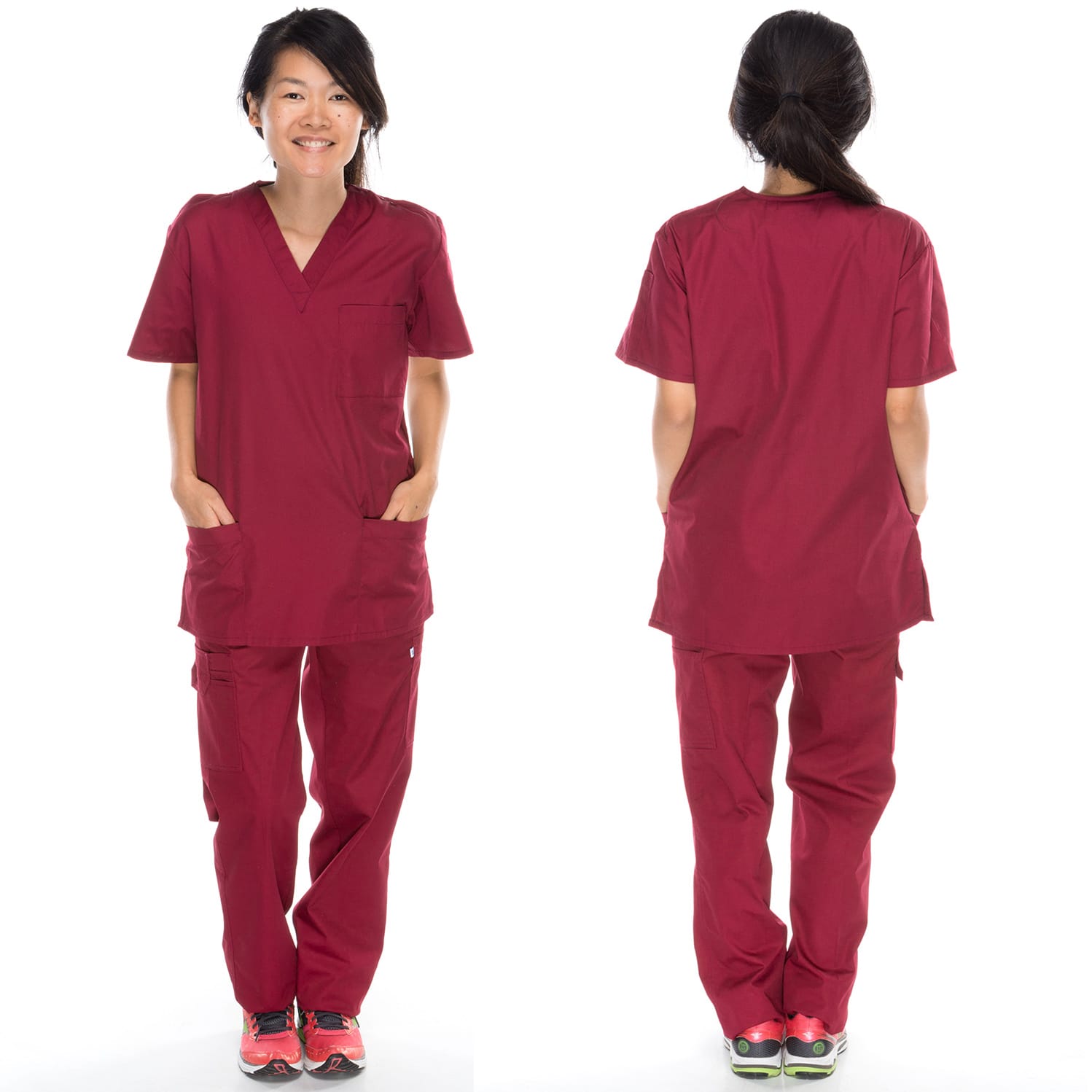 Woman in burgundy scrub top and pants set – product photography for medical uniforms in GTA