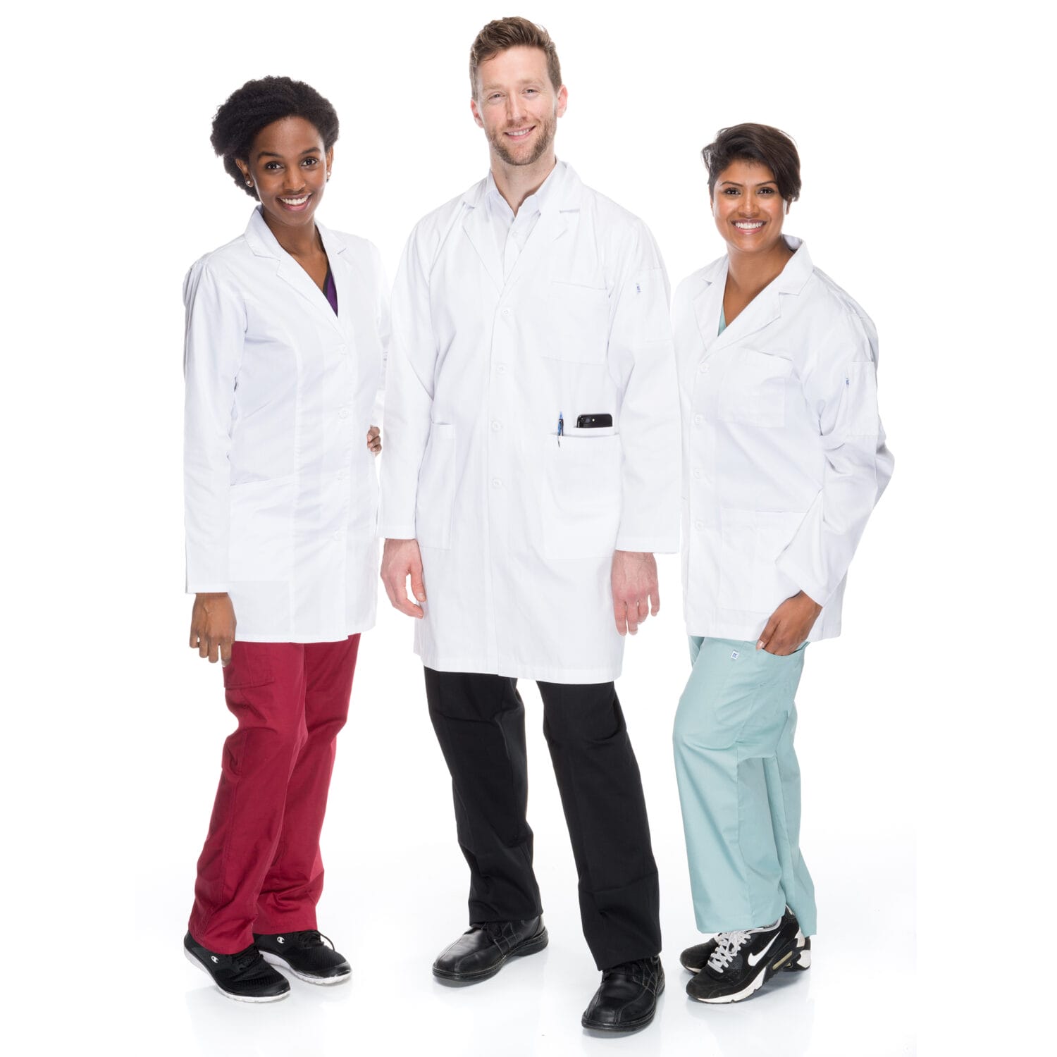 Toronto medical apparel product photography featuring diverse models in professional lab coats and scrubs on a white background — full-service shoot including model sourcing for healthcare uniform marketing