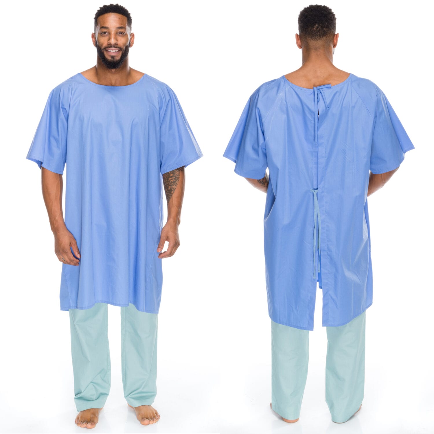 Male model wearing blue medical gown with back tie closure – hospital gown photography GTA by Jules Design