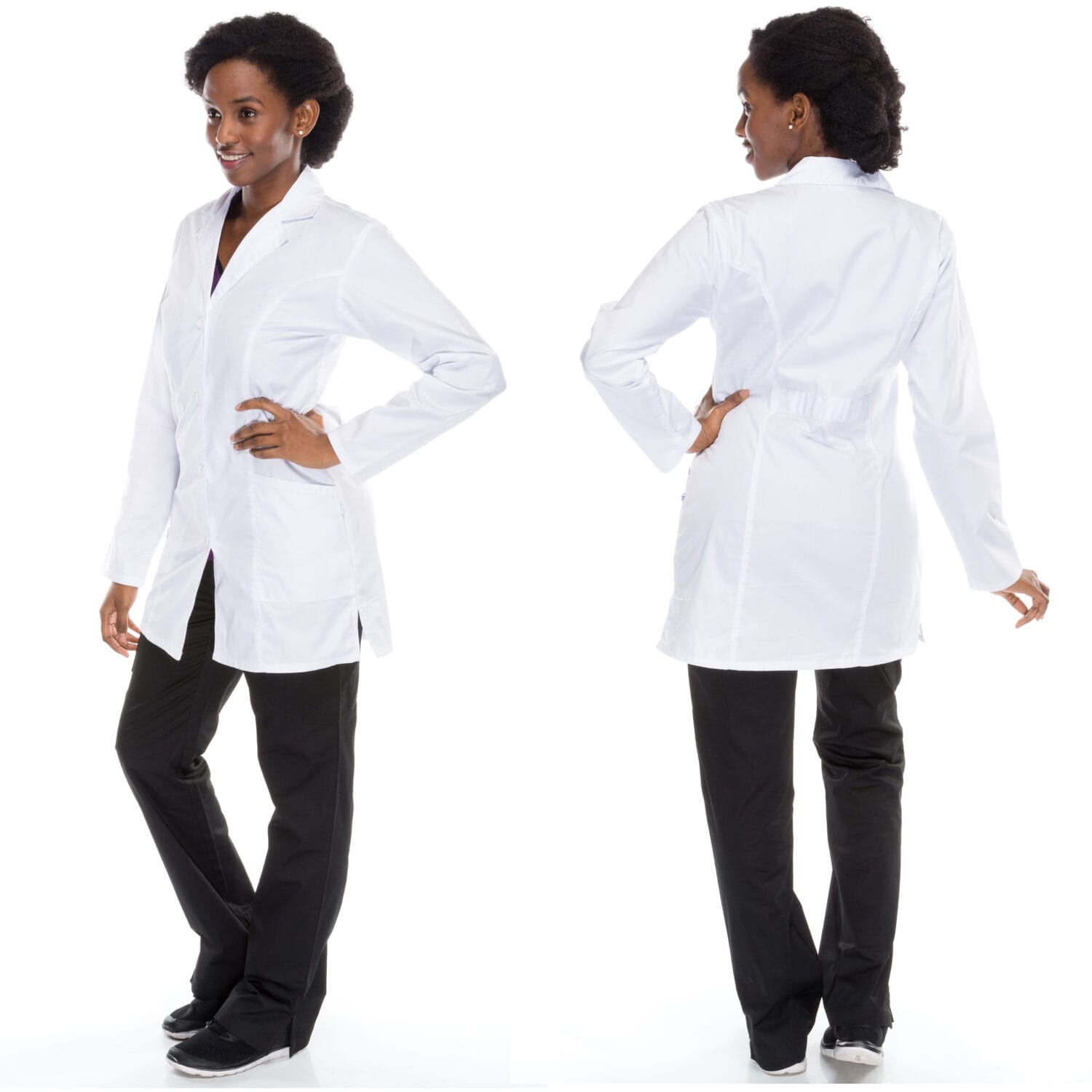 Female healthcare worker in fitted white lab coat and black scrub pants – GTA medical uniform photography