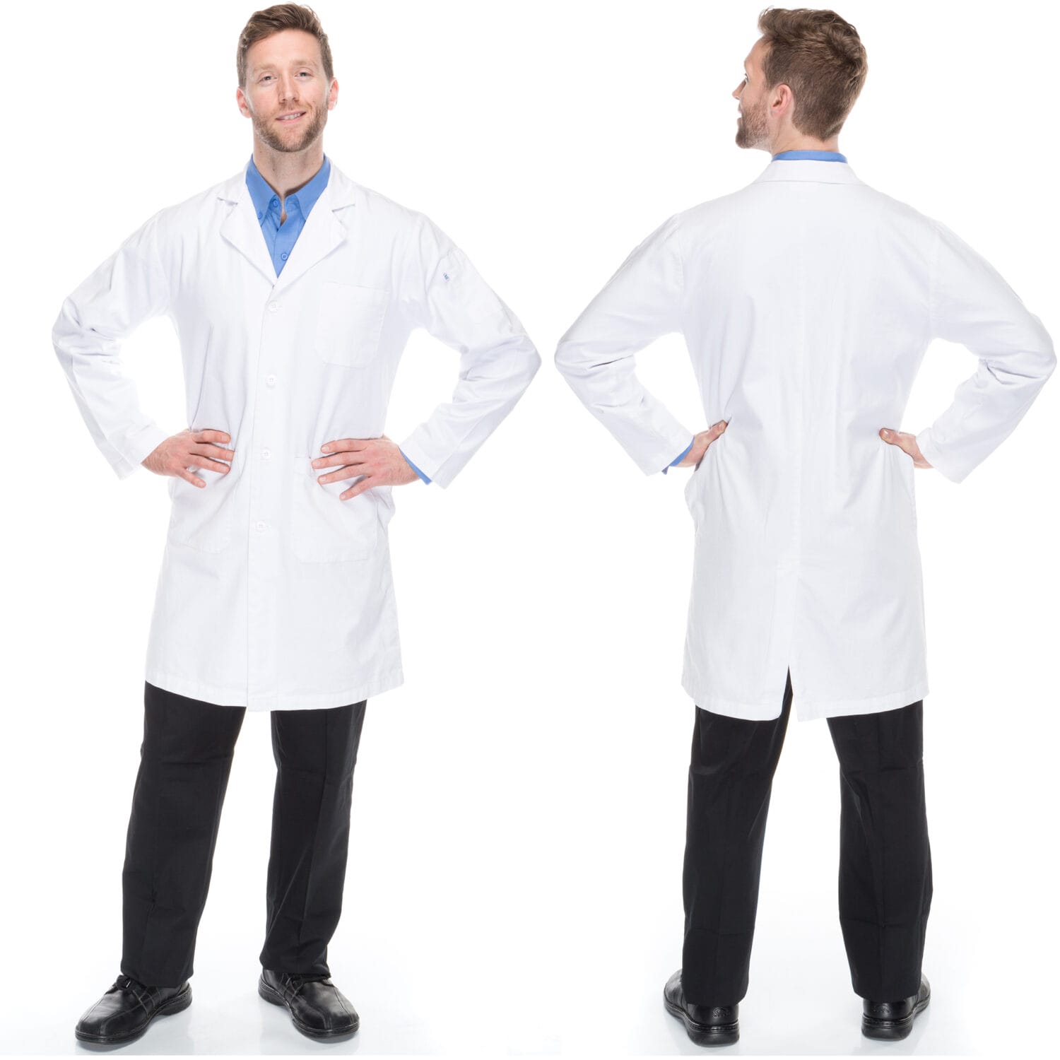 Male model in blue medical scrub set with side pocket – healthcare clothing photography by Jules Design in Toronto