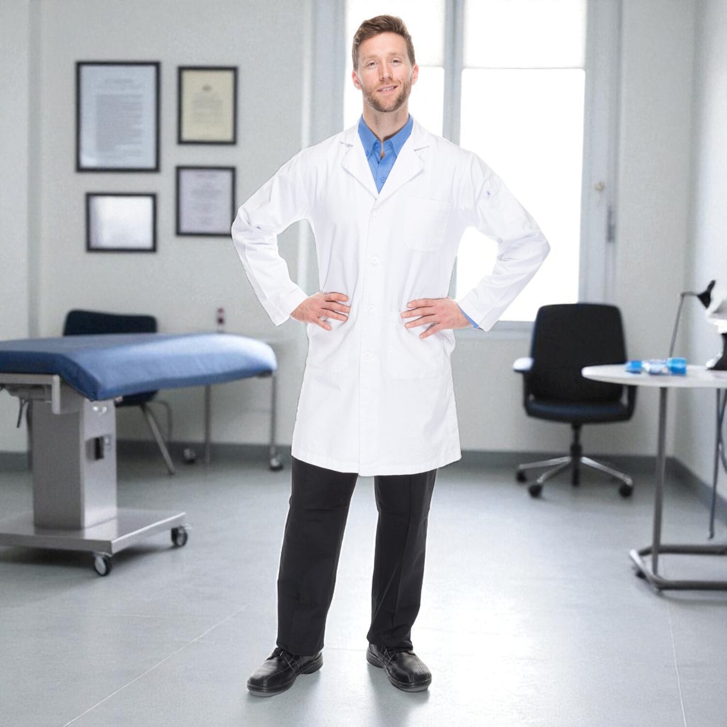 Smiling male doctor in white lab coat in modern hospital room – GS1-compliant medical product photography