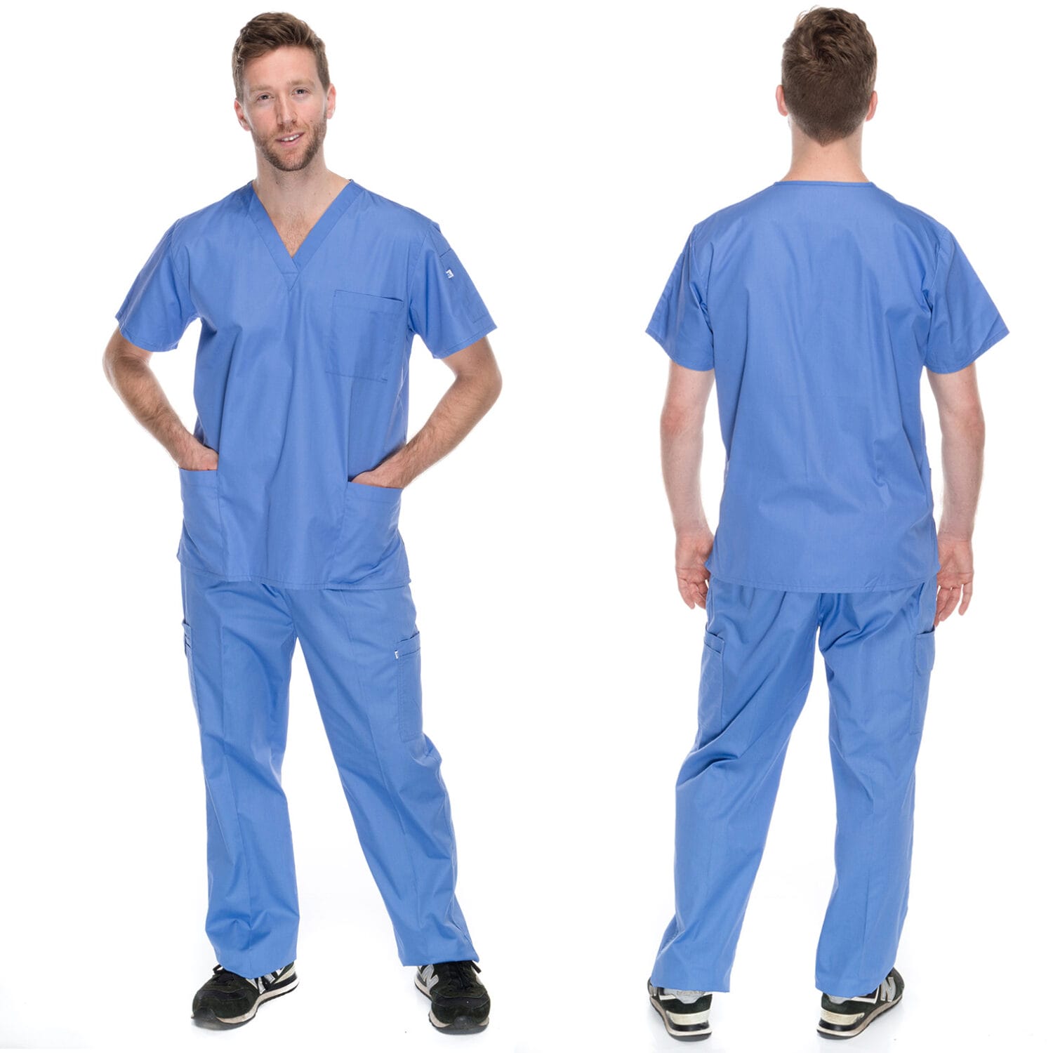 Front and back view of male model in white lab coat and blue scrubs – Toronto medical product photography by Jules Design