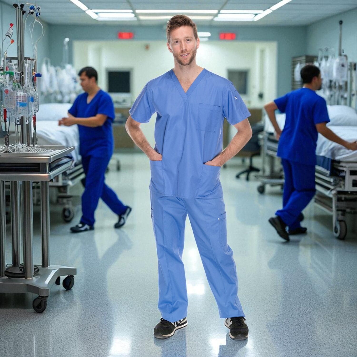Male model in blue scrubs standing in hospital ICU – medical apparel product photography Toront