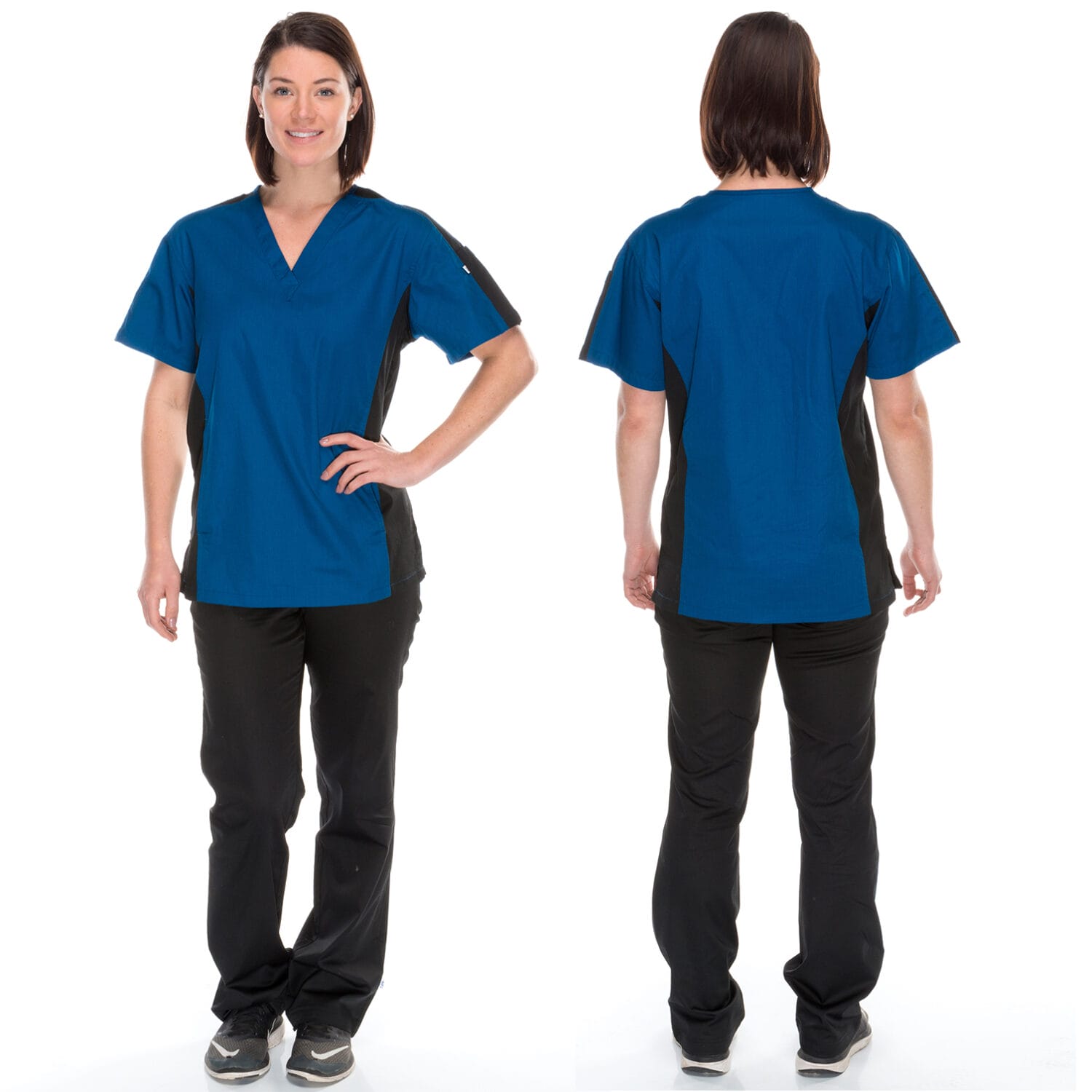 Female nurse model in blue and black scrub set – custom medical apparel images for Toronto healthcare market