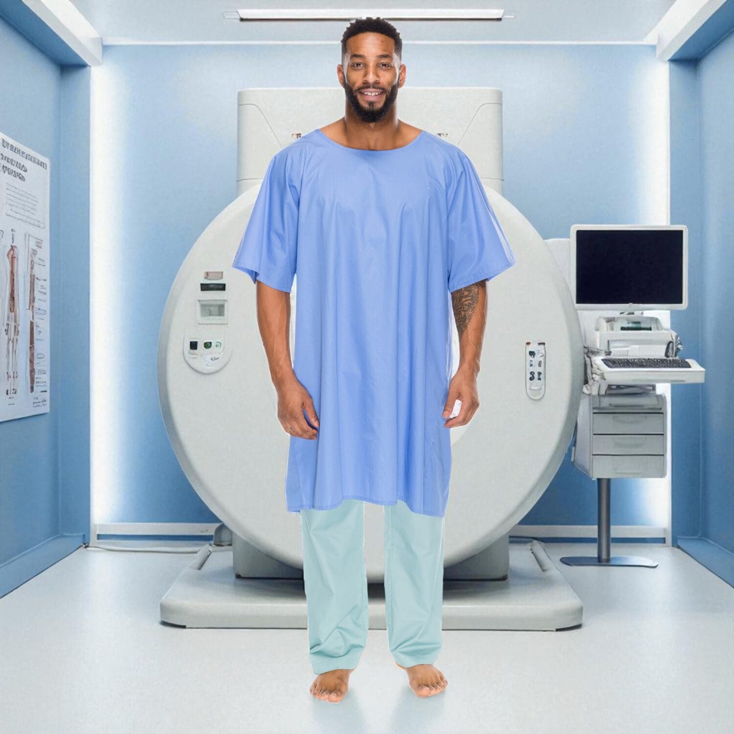Male model wearing light blue patient gown in radiology room – lifestyle medical clothing photography Toronto
