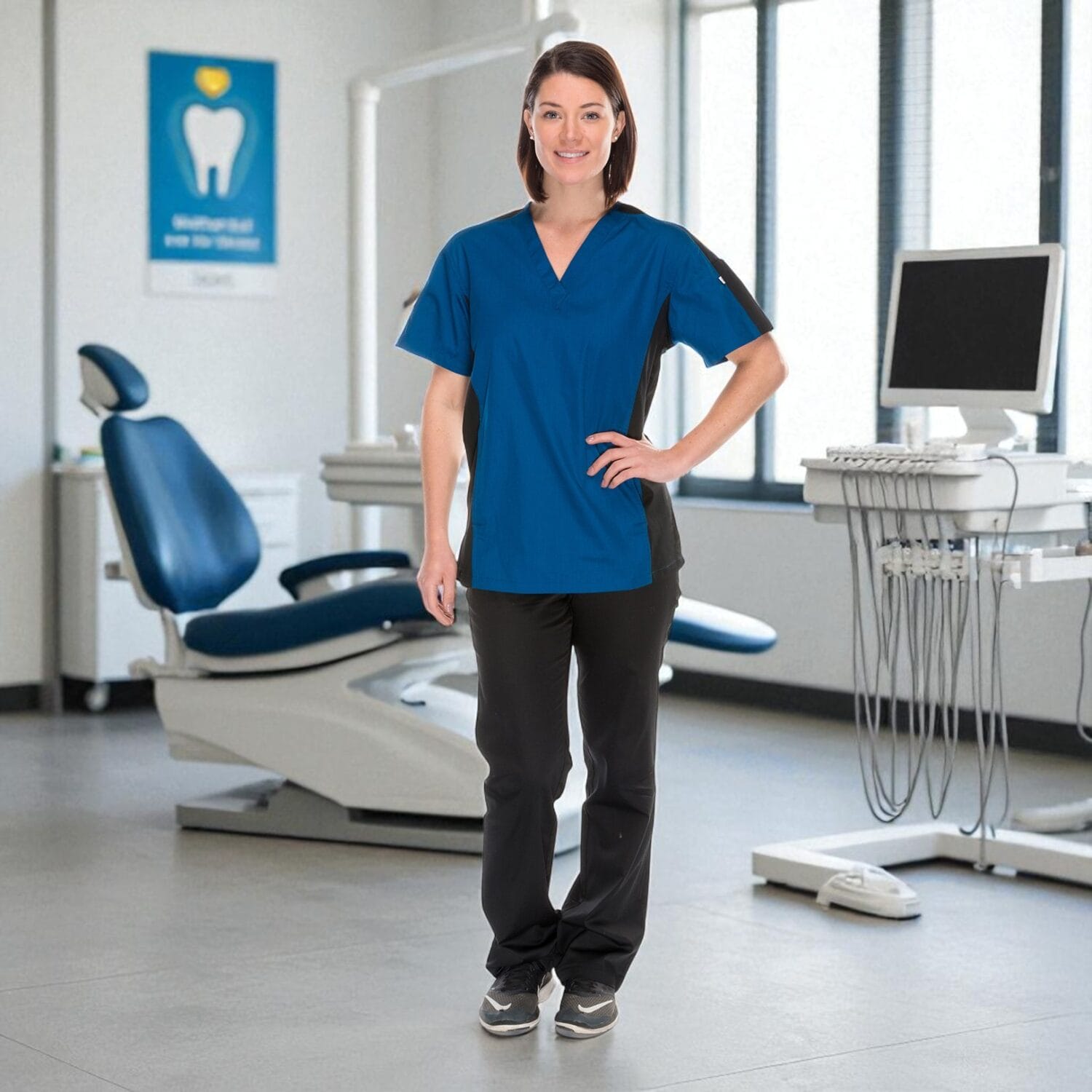 Female dentist in black and blue scrubs in dental clinic – branded healthcare apparel photography GTA