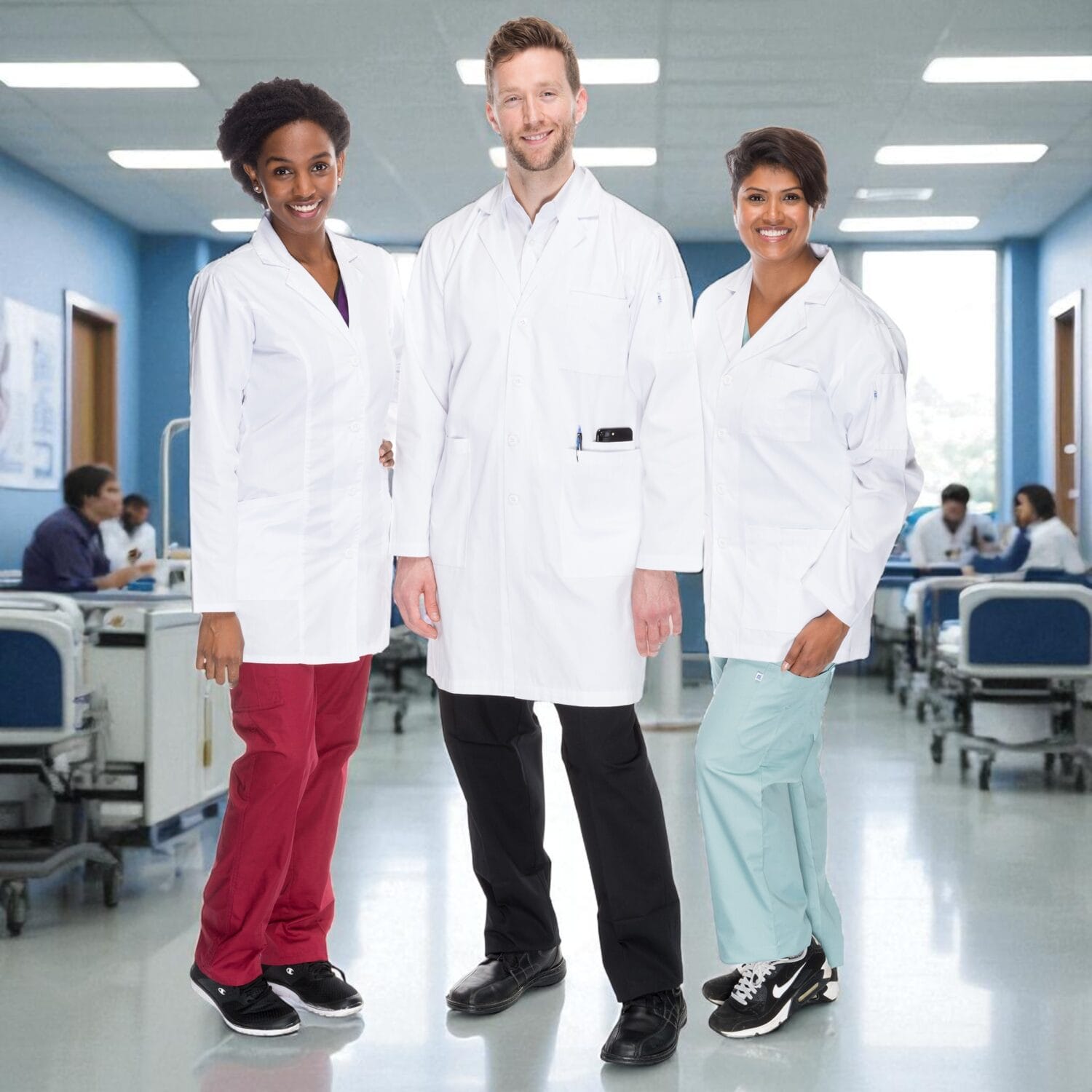 Diverse medical team in white lab coats posing in hospital setting – Toronto medical apparel product shoot