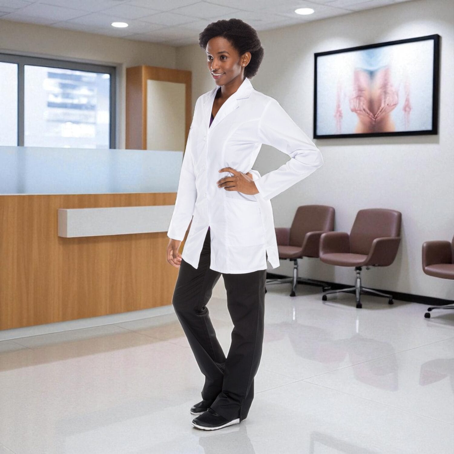Black female doctor in fitted white lab coat in waiting room – professional medical fashion photographer GTA
