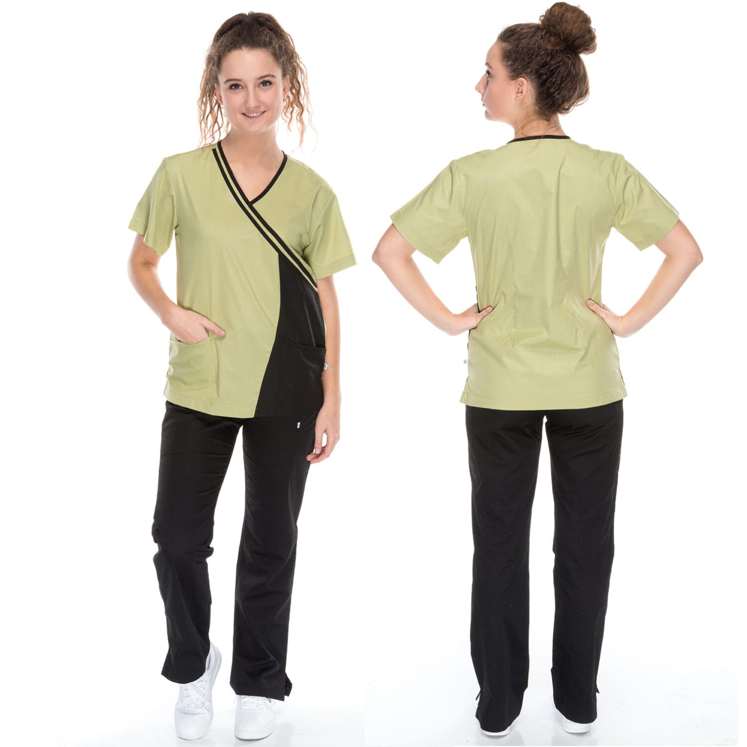 Female model in olive green and black contrast scrub top – Toronto medical clothing product photography
