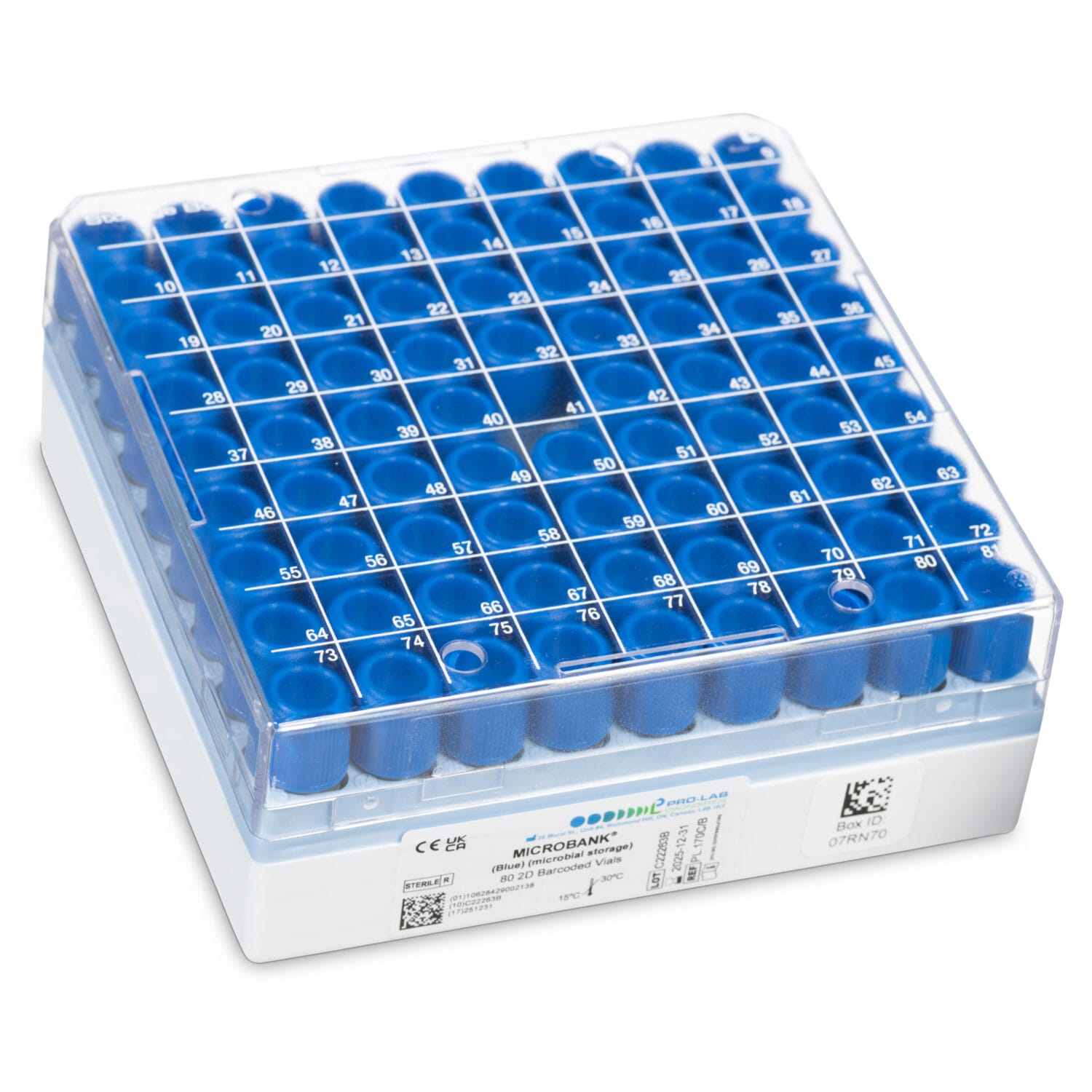Toronto medical product photography of a Microbank storage box containing 80 blue barcoded microbial vials used for laboratory sample preservation