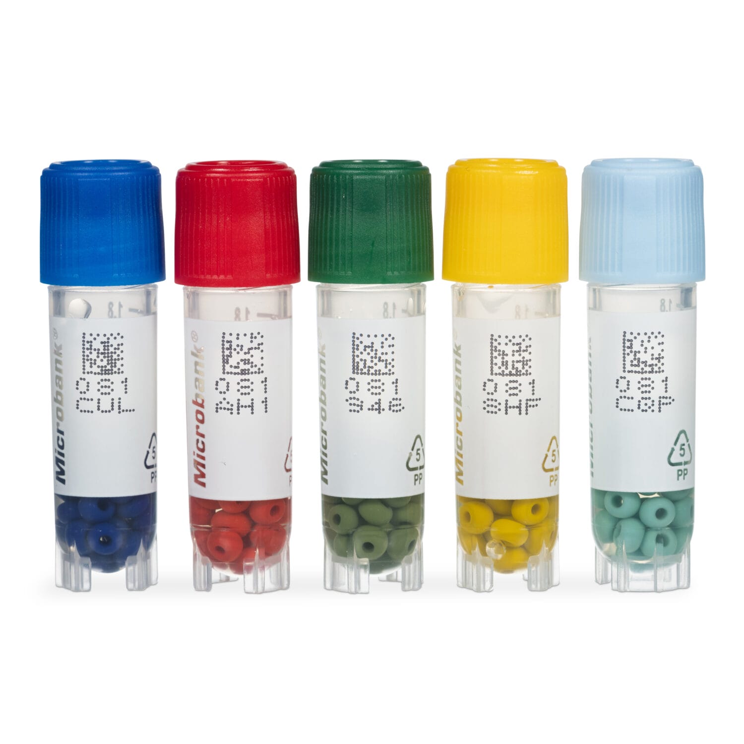 Color-coded Microbank barcoded vials for laboratory microbial storage with red, blue, green, yellow, and light blue caps