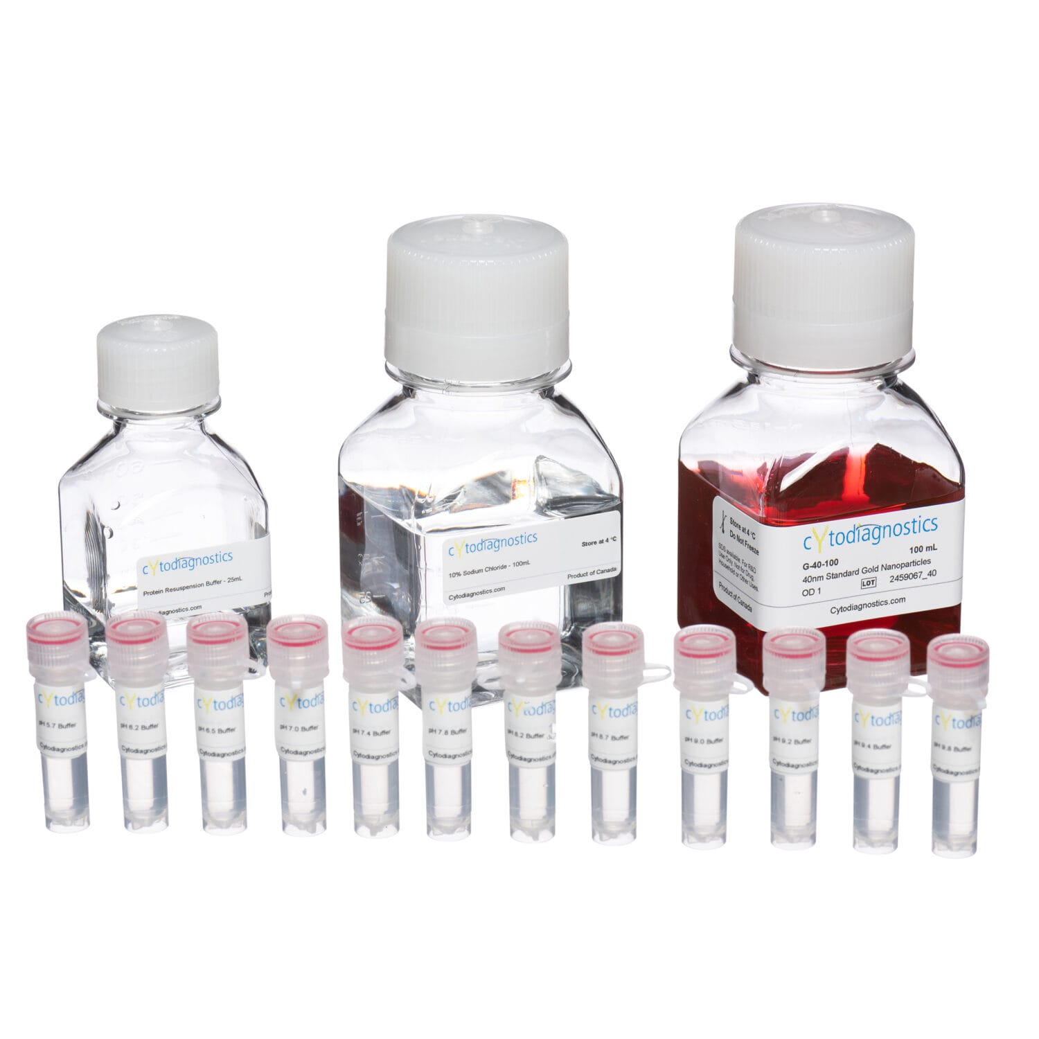 Lab reagent bottles and microtubes from Cytodiagnostics containing gold nanoparticles and buffers – Toronto medical lab product photography for biotech marketing and eCommerce