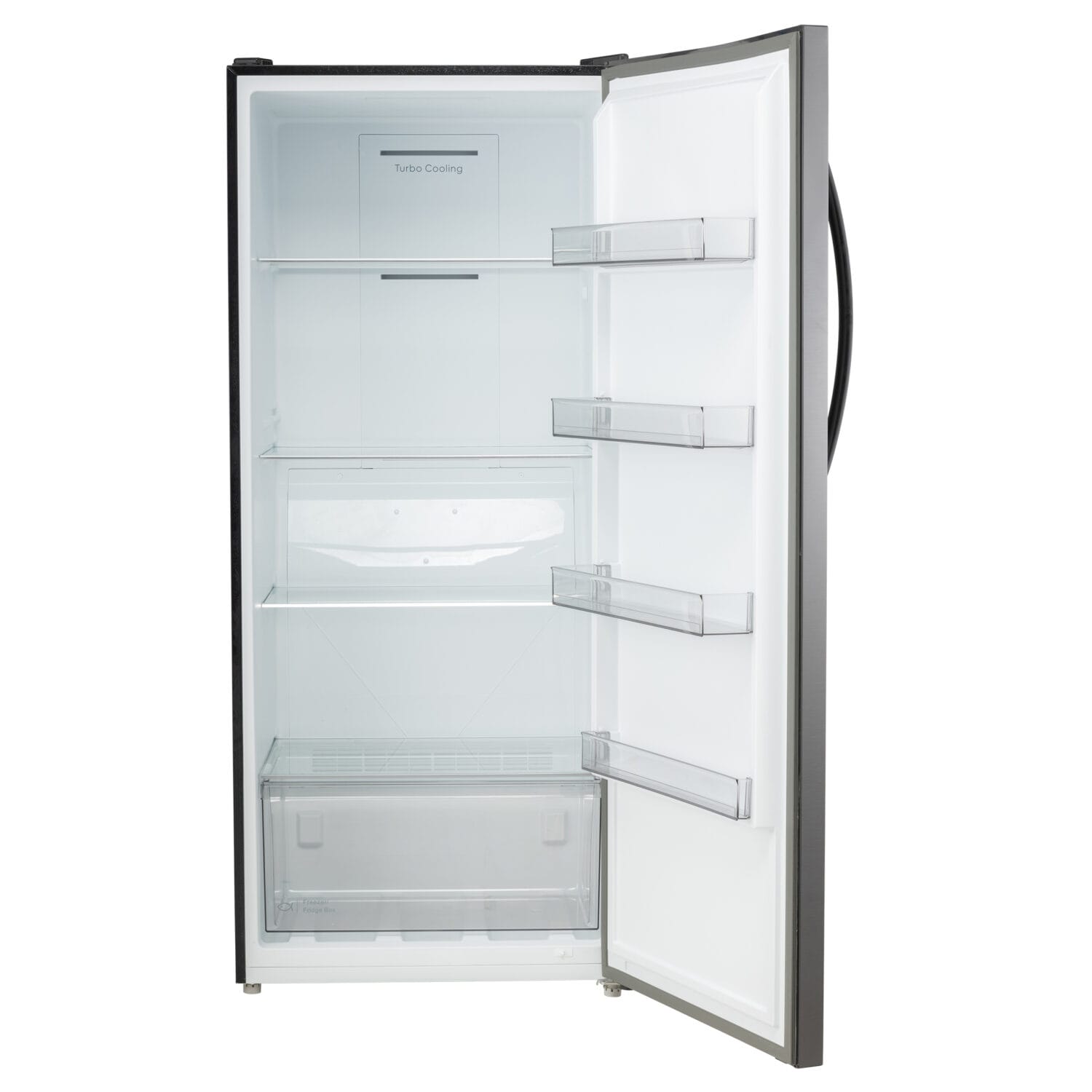 Empty interior of TRUARCTIC upright freezer with door open – product catalog image by Jules Design Toronto