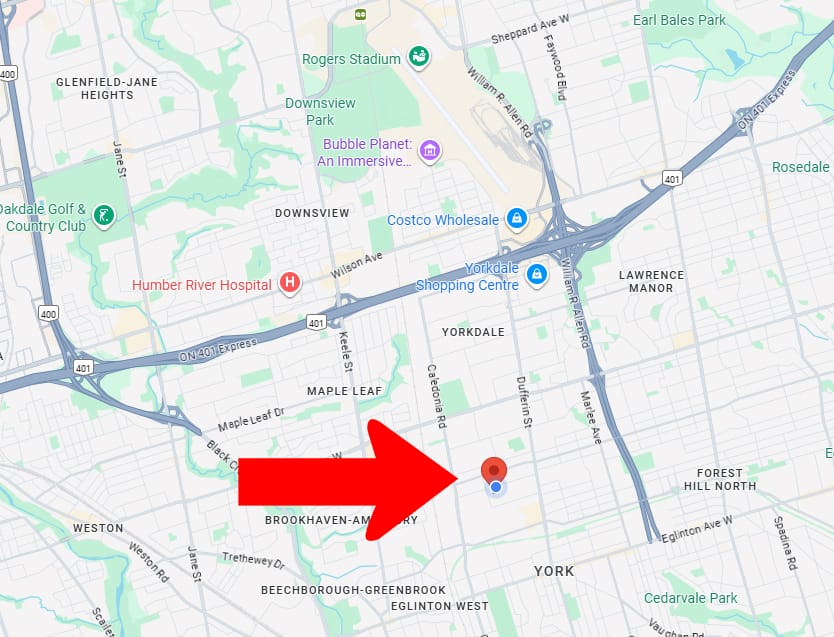 Map of 111 Tycos Drihttps://www.julesdesign.ca/wp-admin/post.php?post=16237&action=edit#ve Toronto — centrally located commercial space with showroom and manufacturer sales representative services near Yorkdale Mall, ideal for international or Canadian product companies seeking a local agent or B2B presence in Toronto Canada.